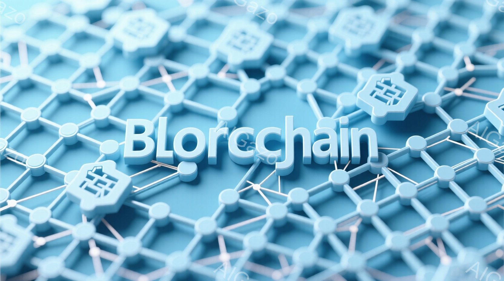 鮮やかな水色の背景に、ブロックチェーンを模した３Dのネットワーク構造が広がっています。各ノードは丸みを帯びた球体で接続され、その上に複雑なデザインのブロックが配置されています。全体的に未来的な印象を与 - AI生成フリー素材