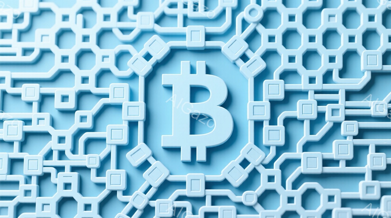 鮮やかな水色の背景に、ビットコインのシンボルが立体的に配置されています。シンボルの周囲には、接続された正方形と線で構成された複雑な回路のような模様が広がっており、テクノロジーと金融を連想させるデザイン - AI生成フリー素材