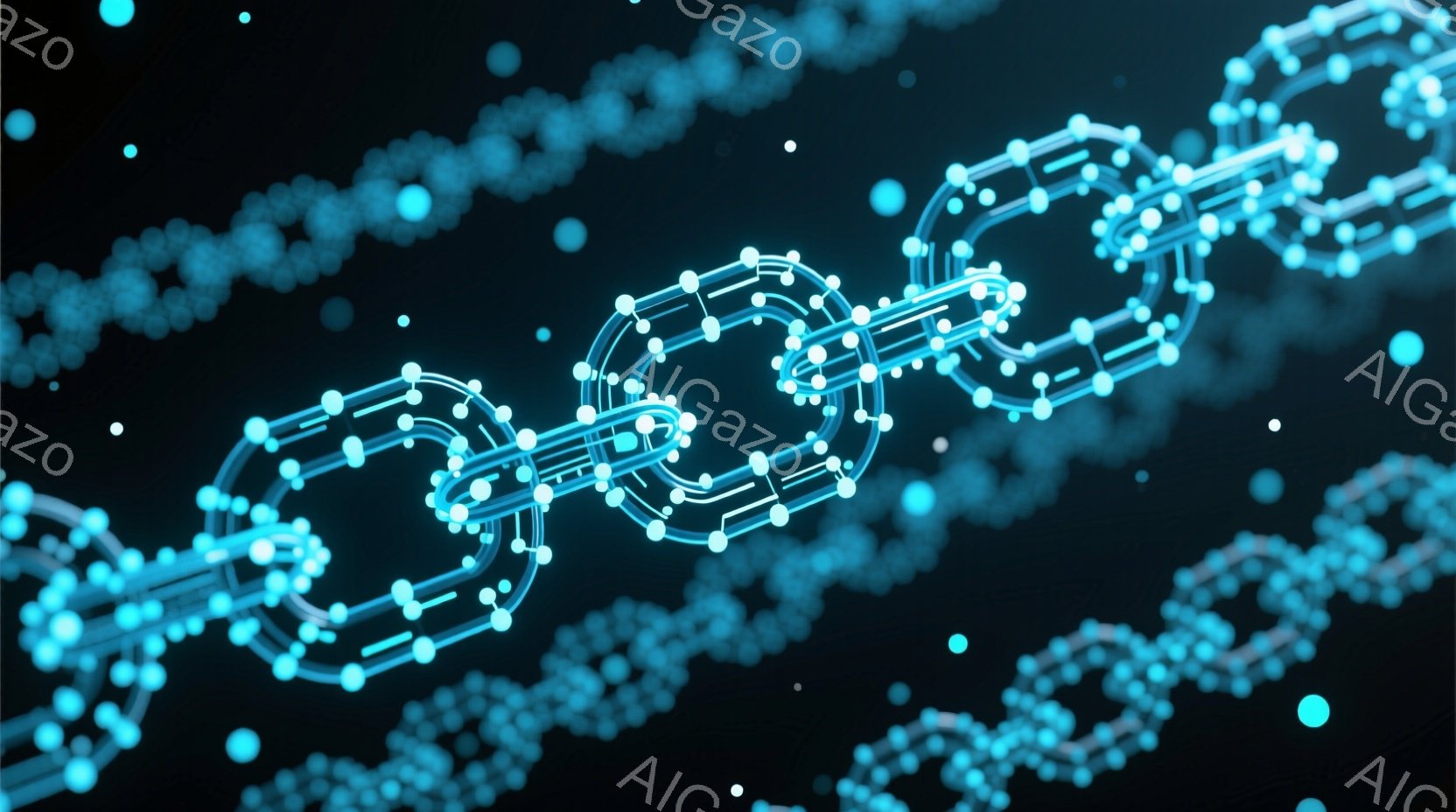 この画像は、青い光を放つ、繋がったリング状の構造が特徴的なデジタルなチェーンの様子を描いています。リングは線で結ばれ、小さな白い点が配置されており、未来的な印象を与えます。暗い背景には、同じ光を放つ点 - AI生成フリー素材