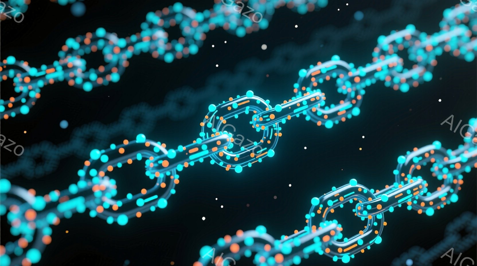 鮮やかなターコイズブルーとオレンジ色の球体と線で構成された連鎖状の構造体が、暗い背景に浮かび上がっています。球体は規則的に配置され、光沢のある線で繋がれており、まるでデジタルなDNA鎖のような印象を与えます。全体的に未来的な雰囲気で、科学技術や接続性を象徴しているかのようです。