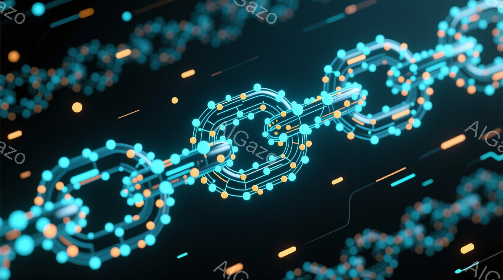 画像は、ターコイズブルーとオレンジ色の光る粒子が繋がってできた鎖のような構造が描かれています。背景は暗く、鎖の周りには細い光の線が散りばめられており、デジタルな印象を与えます。全体的に近未来的で、科学技術やネットワークといった概念を想起させる雰囲気です。