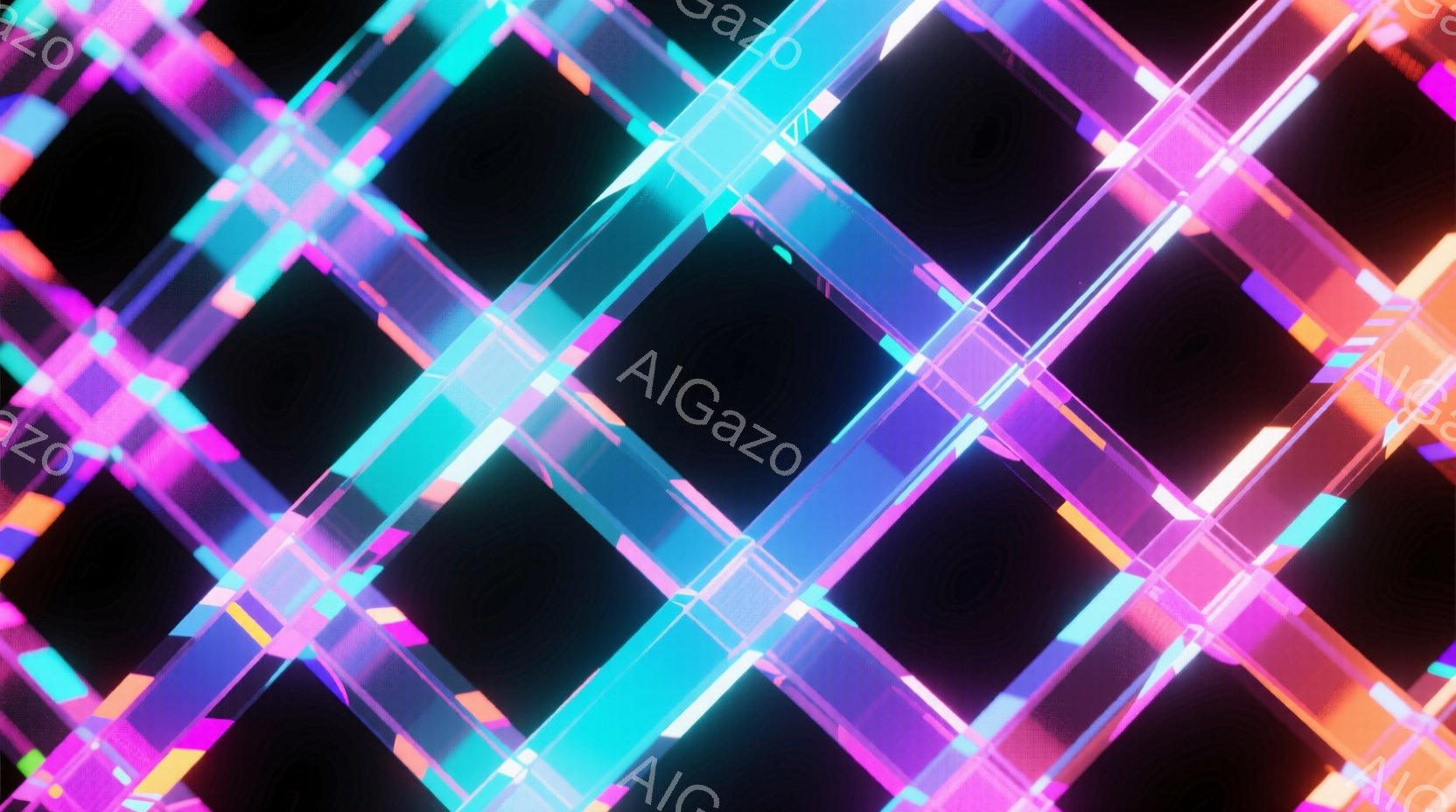 鮮やかなネオンカラーの光線が、黒い背景の上で交差する抽象的な構成です。青、紫、ピンク、オレンジ色の光が、規則的なパターンで並び、未来的な雰囲気を作り出しています。光の反射と影が強調され、奥行きと立体感 - AI生成フリー素材