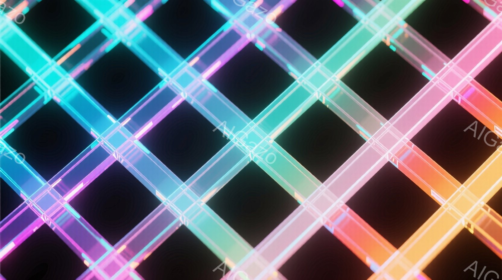 鮮やかなネオンカラーの光の線が格子状に交差する抽象的な画像です。ピンク、オレンジ、水色、緑などの色が重なり合い、未来的な光のトンネルのような感覚を与えます。背景は暗く、光のコントラストが際立っています。