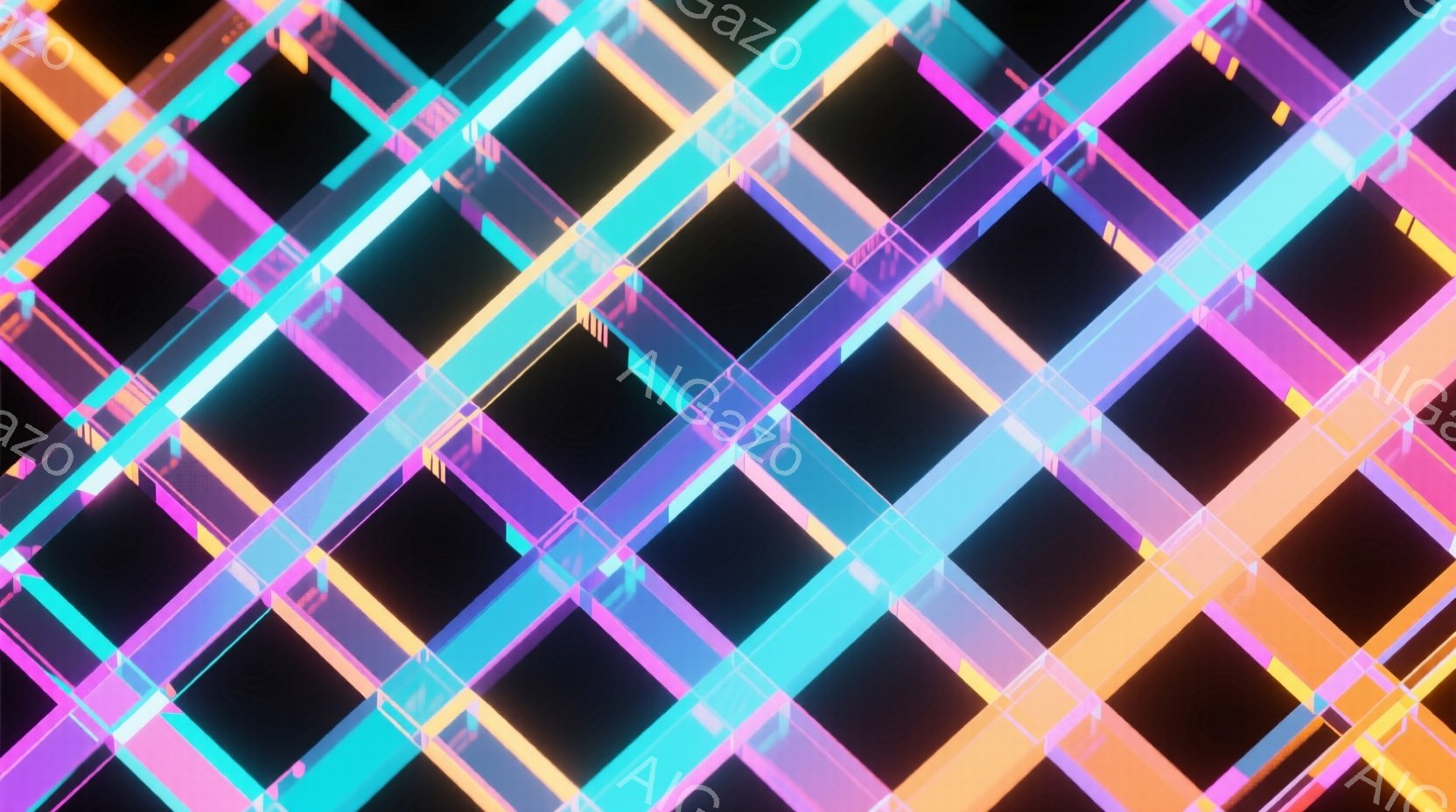 鮮やかなネオンカラーの棒が、斜めに交差して構成された抽象的な空間が描かれています。オレンジ、ターコイズ、紫色の光が、複雑な網の目を形成し、奥行きと未来的な印象を与えます。背景は暗く、光のコントラストが強調され、サイバーパンクやデジタルアートのような雰囲気を醸し出しています。