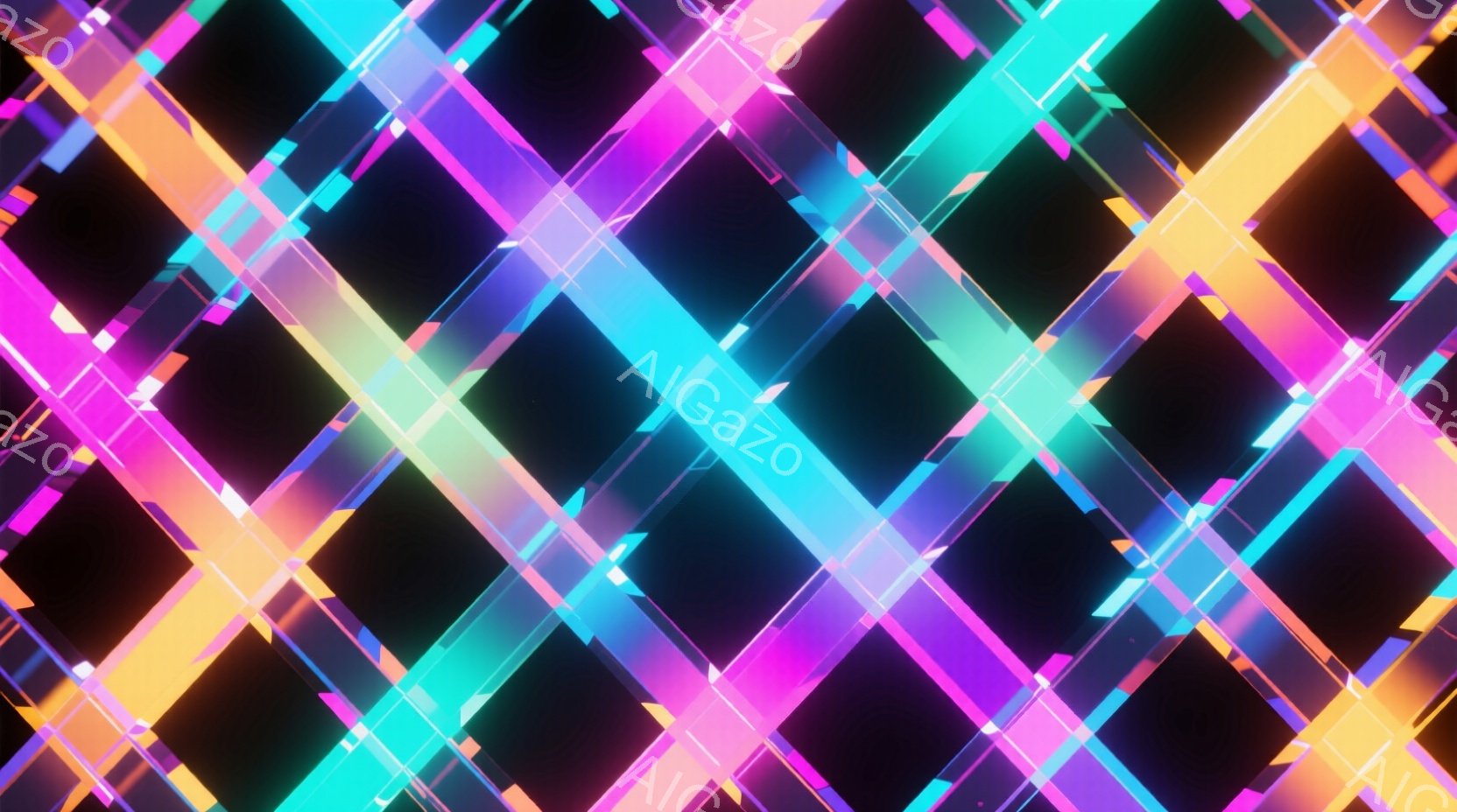 鮮やかなネオンカラーの線が交差する抽象的な背景画像です。ピンク、紫、水色、オレンジ色のラインが複雑に絡み合い、光沢のある質感で未来的な雰囲気を醸し出しています。黒色の背景がこれらの鮮やかな色を際立たせ、視覚的なインパクトを与えます。