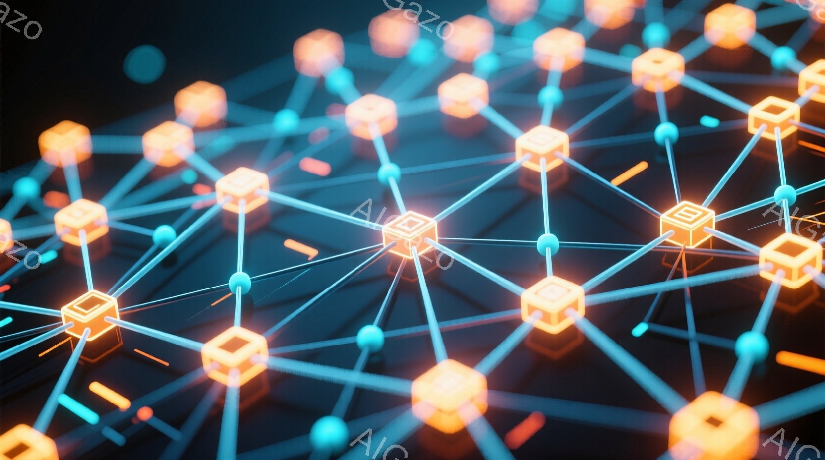 鮮やかなオレンジと青色の光る線が複雑に絡み合い、ネットワーク状の構造を形成しています。各接続点は小さな立方体で強調されており、未来的なテクノロジーやデータ接続を連想させます。背景は暗く、光のコントラストが際立ち、全体として抽象的で現代的な雰囲気を醸し出しています。