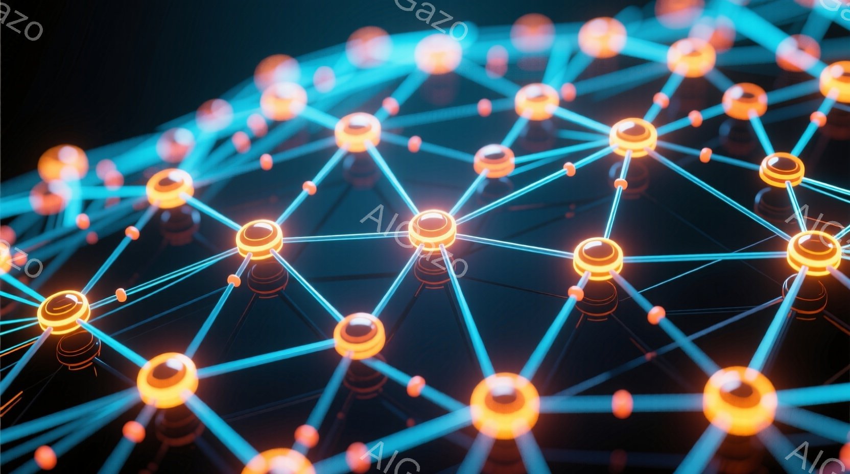 鮮やかなオレンジ色の球体が、青い線で複雑に繋がれたネットワークを形成している。球体は発光しており、線も光沢があり、全体的に未来的な印象を与える。背景は暗く、ネットワークが際立っており、科学技術やデータ - AI生成フリー素材