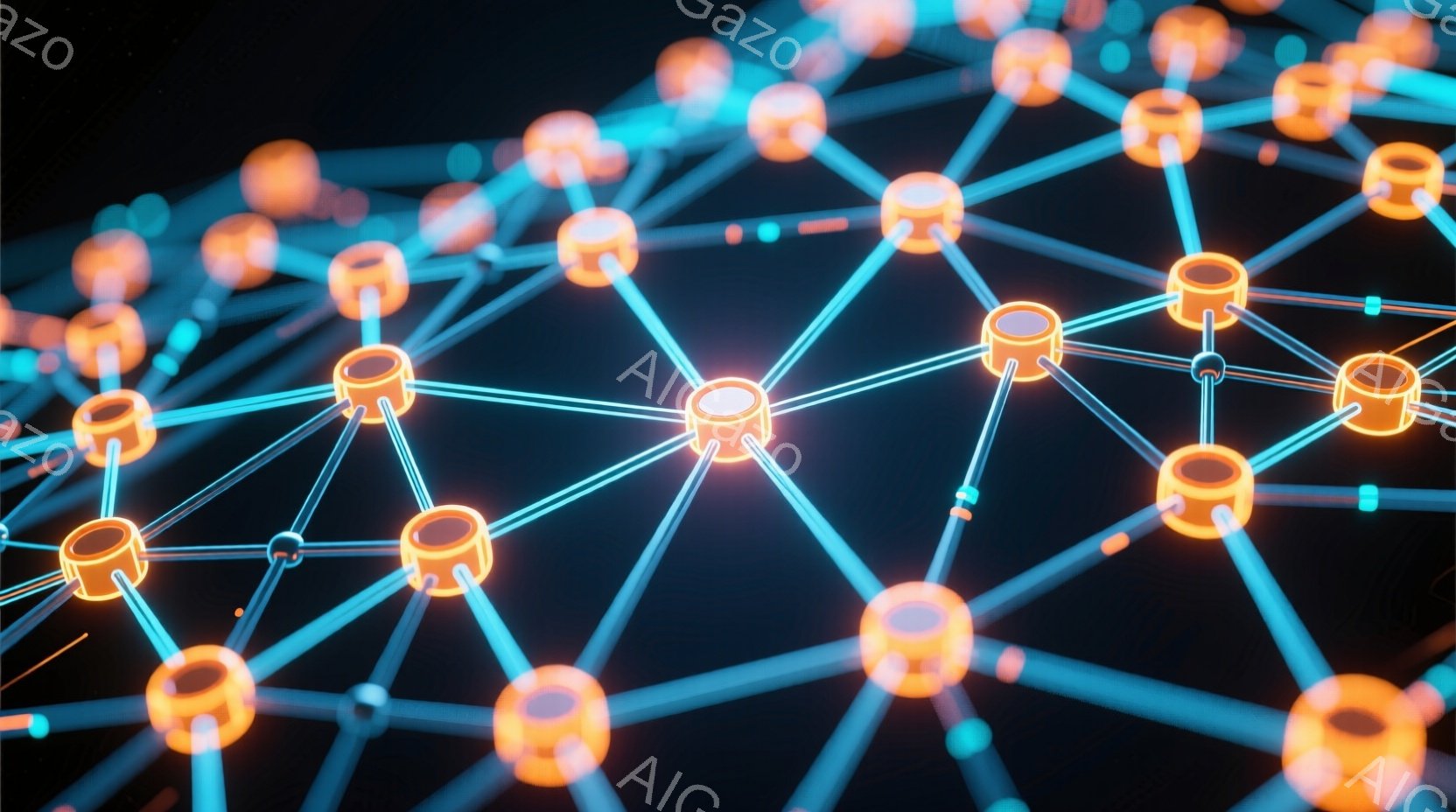 この画像は、鮮やかなネオンブルーの線が網の目のように交差する抽象的なネットワークを示しています。オレンジ色の光るノードが線路の交差点に配置され、回路や接続されたシステムを想起させます。背景は暗く、光る線とノードが際立って見え、未来的な雰囲気を醸し出しています。