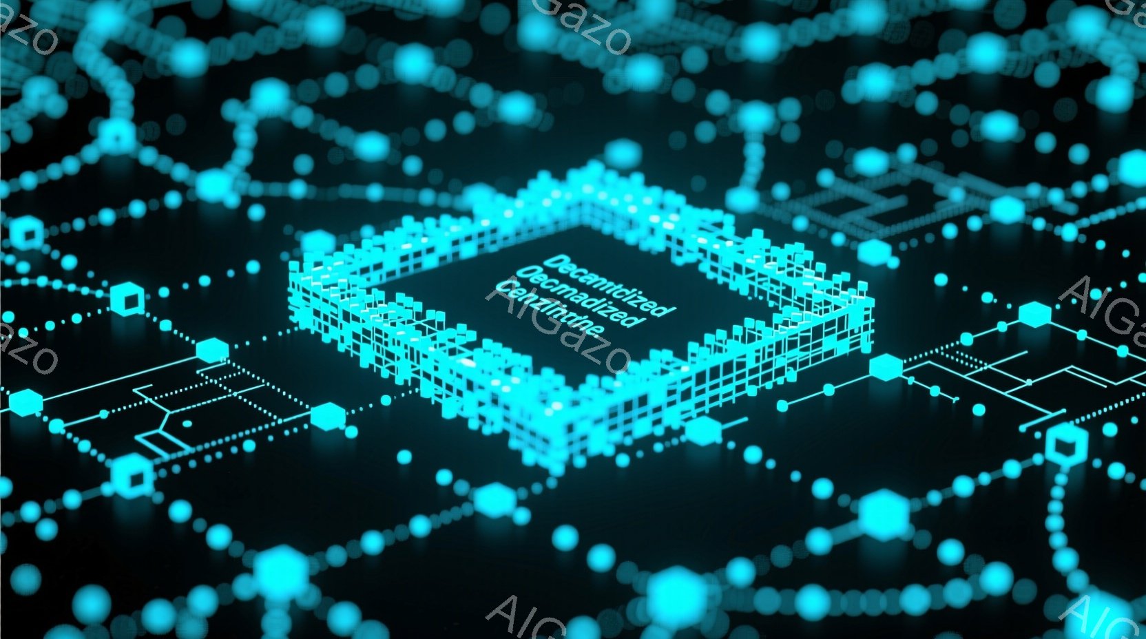 この画像は、暗緑色の背景に、光る青いドットと線で構成されたネットワーク上に浮かぶ、立方体状の半導体チップを表現しています。チップは細かなグリッド状の構造を持ち、未来的な印象を与えます。全体的に、テクノ - AI生成フリー素材