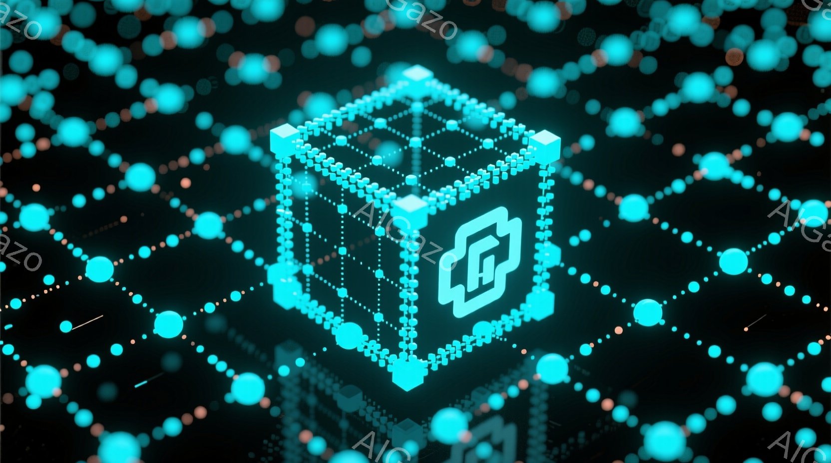 画像は、暗緑色の背景に浮かぶ、点線で構成された立方体が特徴的です。立方体の中央には、複雑なデザインのロゴが光り輝いています。周囲には、立方体と同じ色の小さな光の点が散りばめられており、未来的な雰囲気を作り出しています。