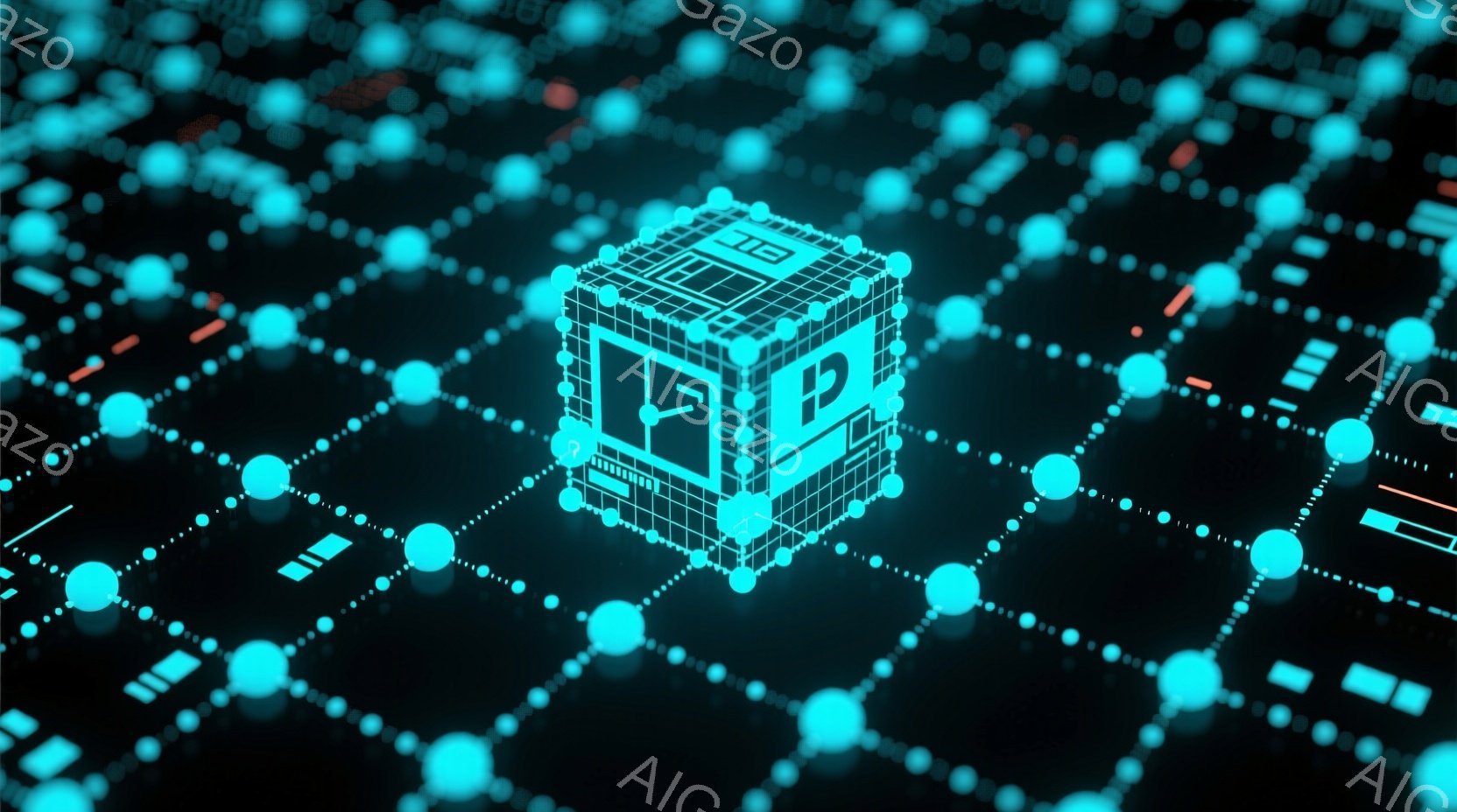 鮮やかなネオンブルーのグリッド状の背景に、細い線で構成された立方体が浮かび上がっています。立方体の各面には、様々なアイコンや数字が表示されており、複雑なデジタルインターフェースの一部を思わせます。全体的に、未来的なテクノロジーとネットワークのつながりを表現した、クールで洗練された雰囲気です。