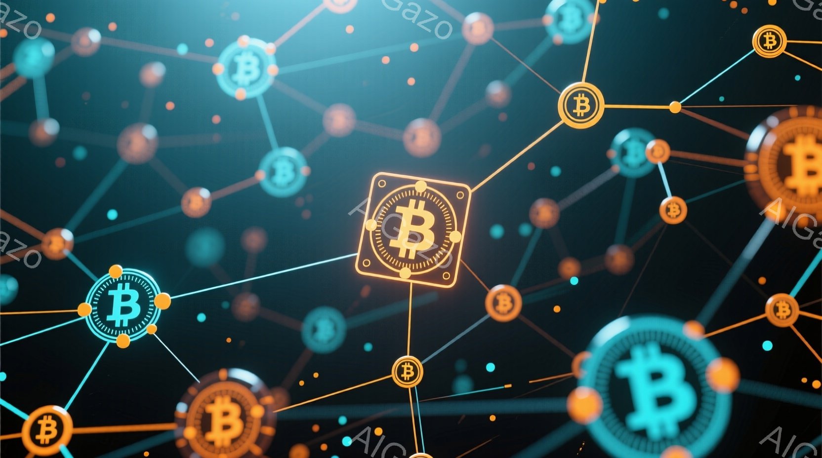 暗い背景に、オレンジ色の線で結ばれた、様々な大きさのビットコインのアイコンが散りばめられています。アイコンは鮮やかな黄色で、ビットコインのシンボルが中心に配置されており、まるでネットワークのノードのように配置されています。全体として、暗号通貨、特にビットコインの接続性と分散性を視覚的に表現した、現代的でテクノロジーを感じさせる雰囲気です。