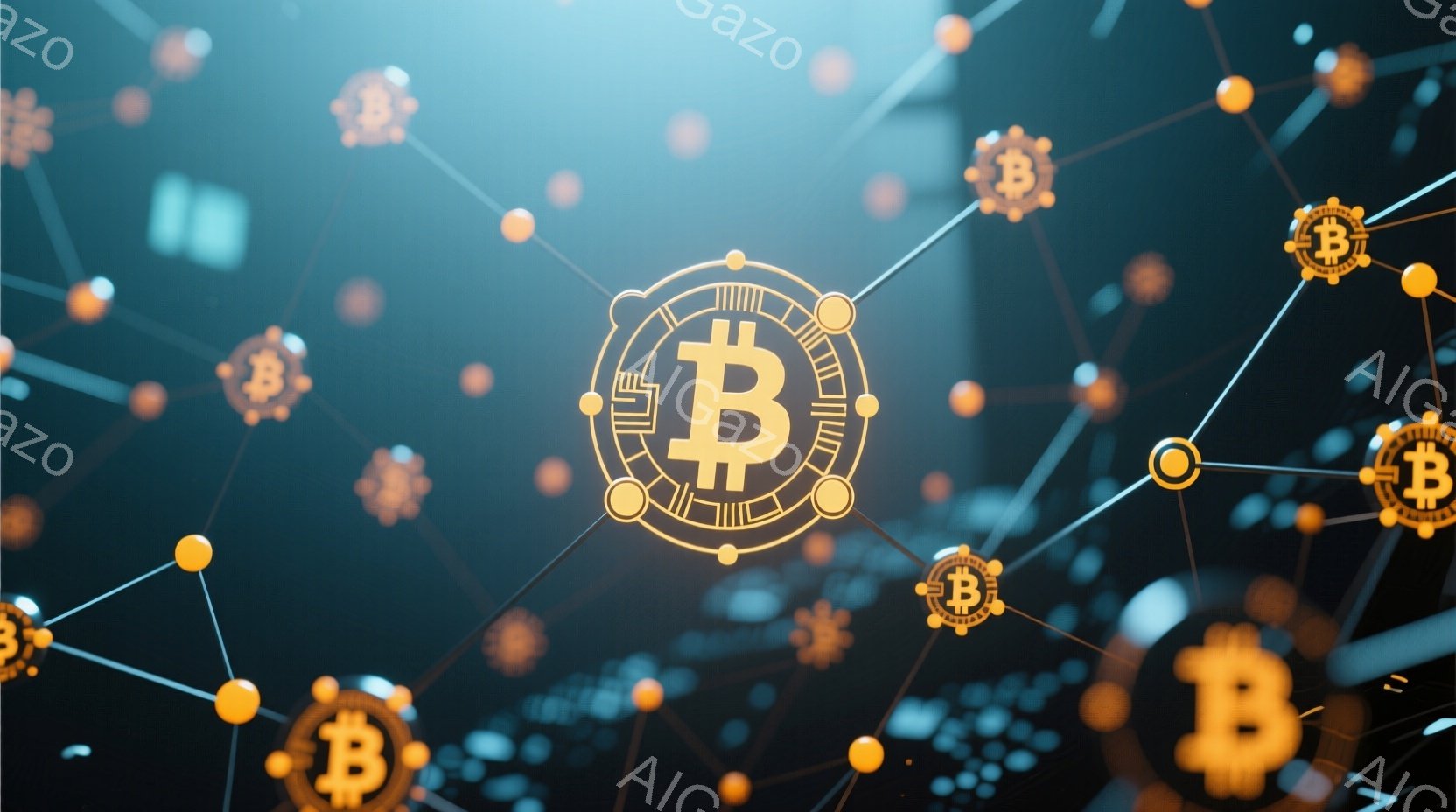画像は、暗い青色の背景に、金色のビットコインのアイコンとそれらを繋ぐ線で構成されています。ビットコインのアイコンは様々なサイズで点在し、光沢のある表現で描かれており、まるでネットワークのノードのように - AI生成フリー素材