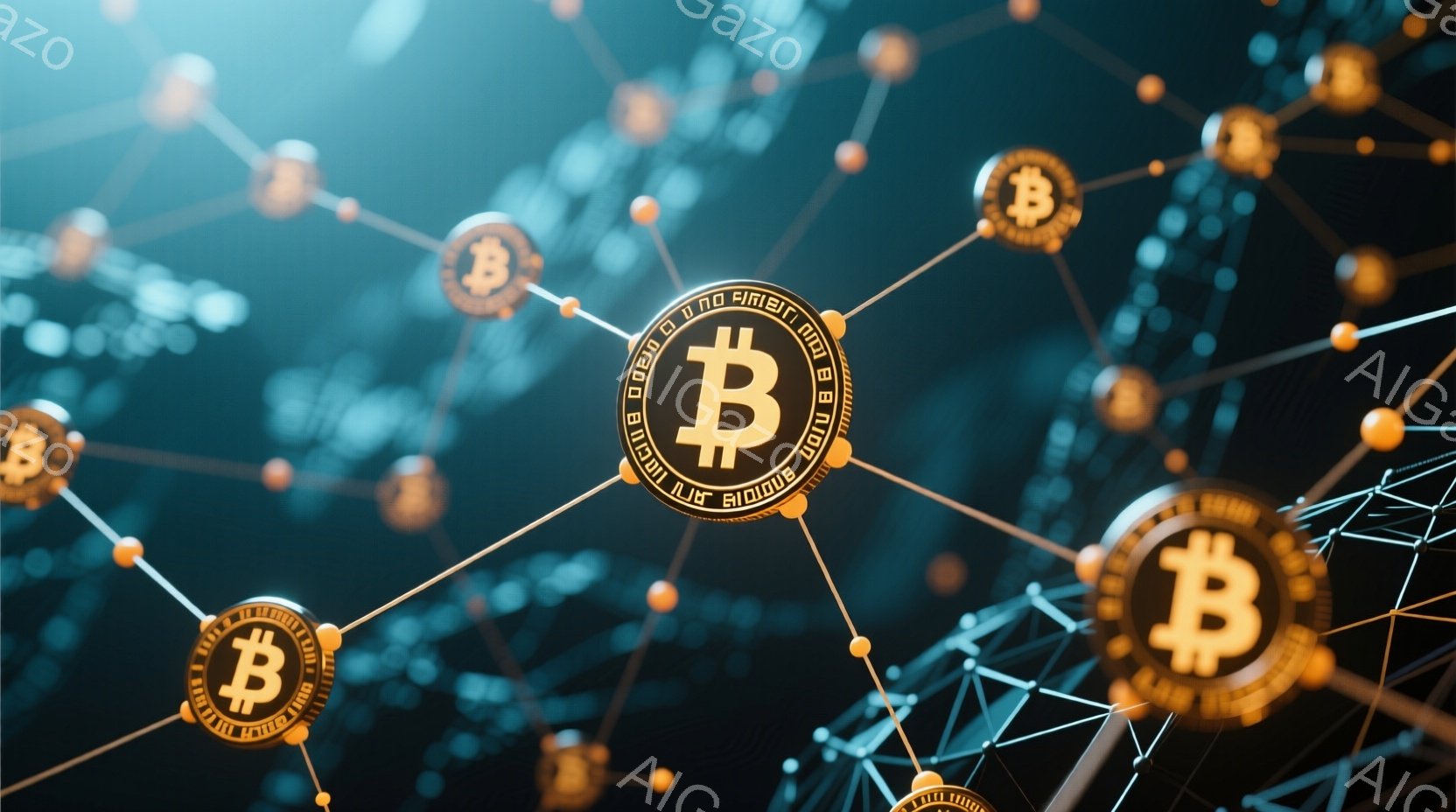 鮮やかな青色の背景に、ビットコインのアイコンが線で結ばれたネットワーク状に配置されています。コインは金色で光沢があり、まるでデジタル通貨が繋がり、循環しているかのような印象を与えます。全体的に未来的な - AI生成フリー素材
