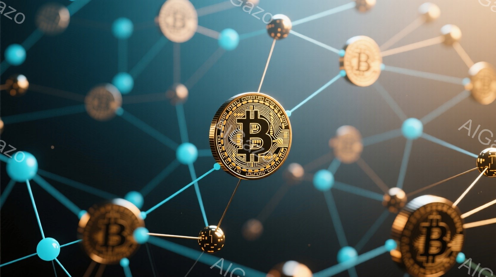 この画像は、暗い背景に金色のビットコインが複数浮かび、線で接続されたネットワークを形成しています。中央のビットコインは大きく強調されており、他のコインよりも明るく光っています。全体的に、この画像は、デジタル通貨とブロックチェーン技術のつながりを視覚的に表しており、未来的な雰囲気を醸し出しています。
