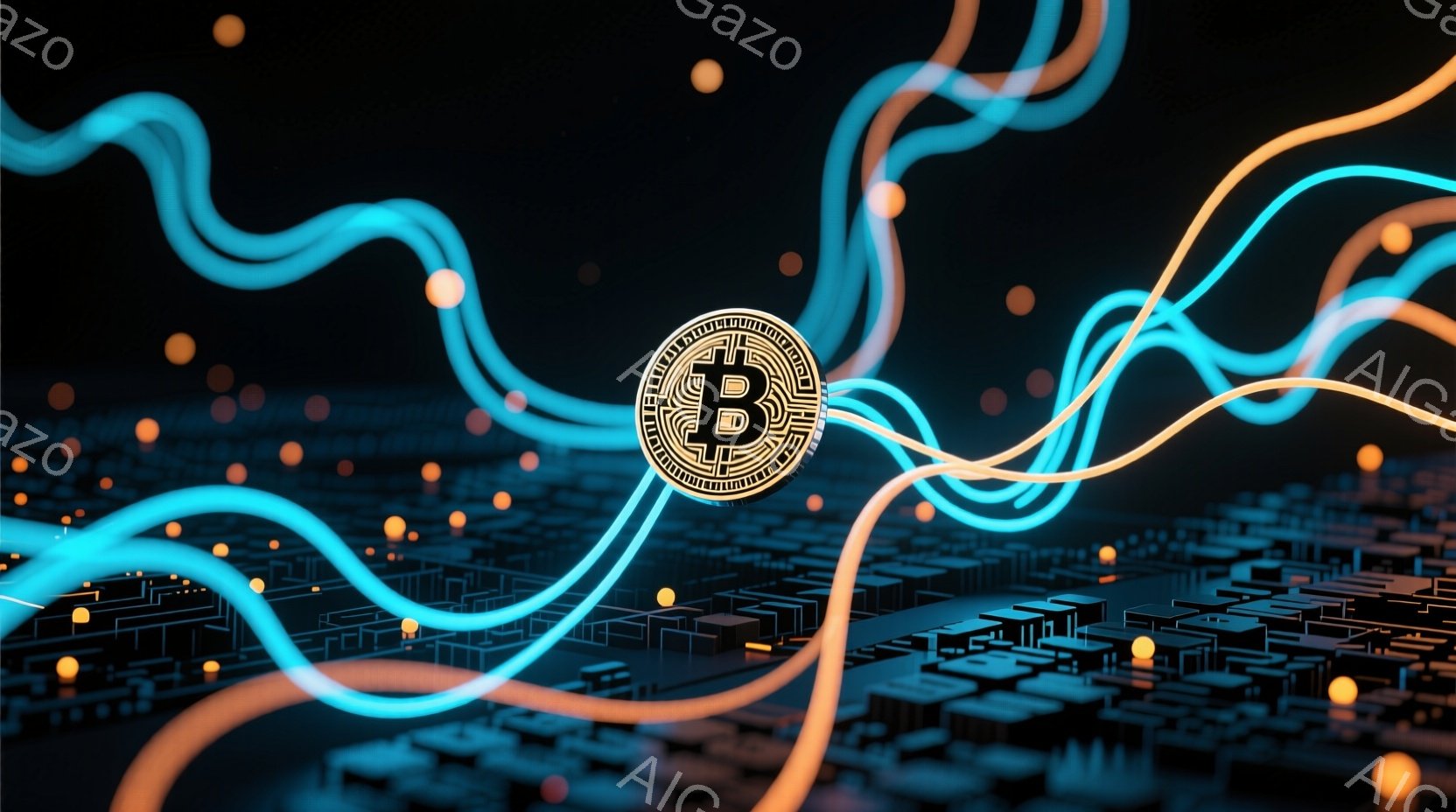 暗い背景に、複雑な回路基板が広がっており、その上にビットコインのアイコンが浮かび上がっています。鮮やかな青とオレンジの光の線が、基板上を蛇行し、まるでデータが流れているかのような印象を与えます。全体的に未来的な雰囲気で、テクノロジーと暗号通貨の世界観を表現しています。