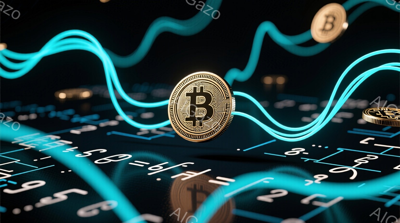 暗い背景にビットコインの金色のコインが複数浮かんでおり、それらを光る青色の線が複雑に絡み合って包み込んでいる。コインは、デジタル通貨や金融市場の変動を表すグラフのような線と組み合わされている。全体的に - AI生成フリー素材