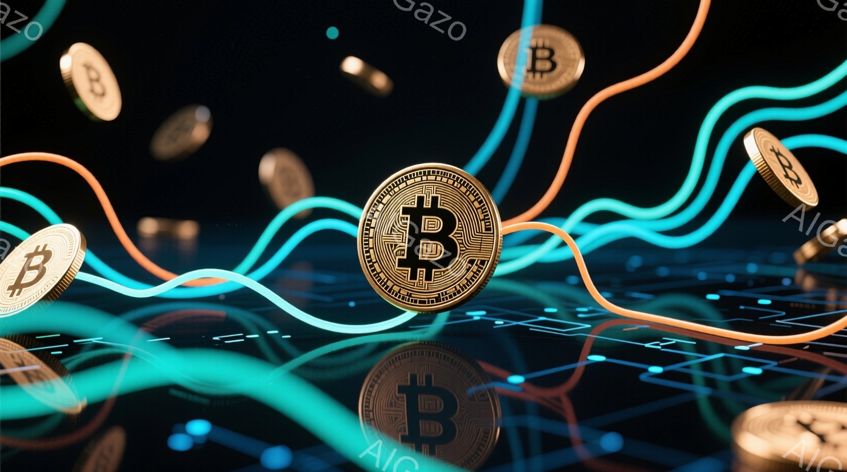 鮮やかなネオンカラーの線が、暗い背景の中を複雑に舞い、未来的なデジタル空間を表現している。金色で輝くビットコインが複数、その線に沿って浮遊しており、暗号通貨とテクノロジーの先進性を強調している。背景には、細かいデジタル回路のようなパターンが広がり、全体的に洗練されたサイバーパンク風の雰囲気を醸し出している。