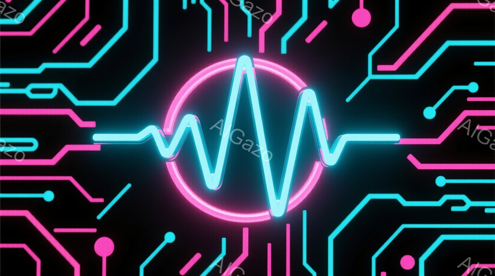鮮やかなネオンピンクとターコイズブルーの回路が、黒色の背景に描かれています。中央には、心電図のような波形が光り、その周囲を円が囲んでいます。全体的に、未来的でテクノロジーを感じさせる、電気的なエネルギーが満ちた雰囲気です。