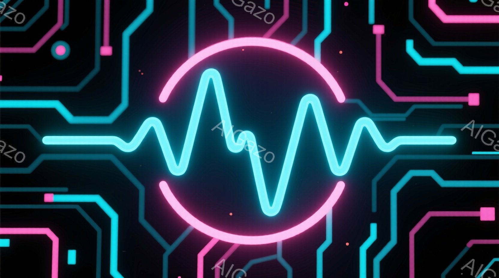 鮮やかなネオンカラーの回路が黒い背景に広がっており、その中央には心電図のような波形が円形に配置されている。回路は細い線で構成され、ピンク色の小さな点がアクセントになっている。全体的に未来的なテクノロジーと生命の鼓動を連想させる、エネルギッシュで鮮やかな雰囲気である。