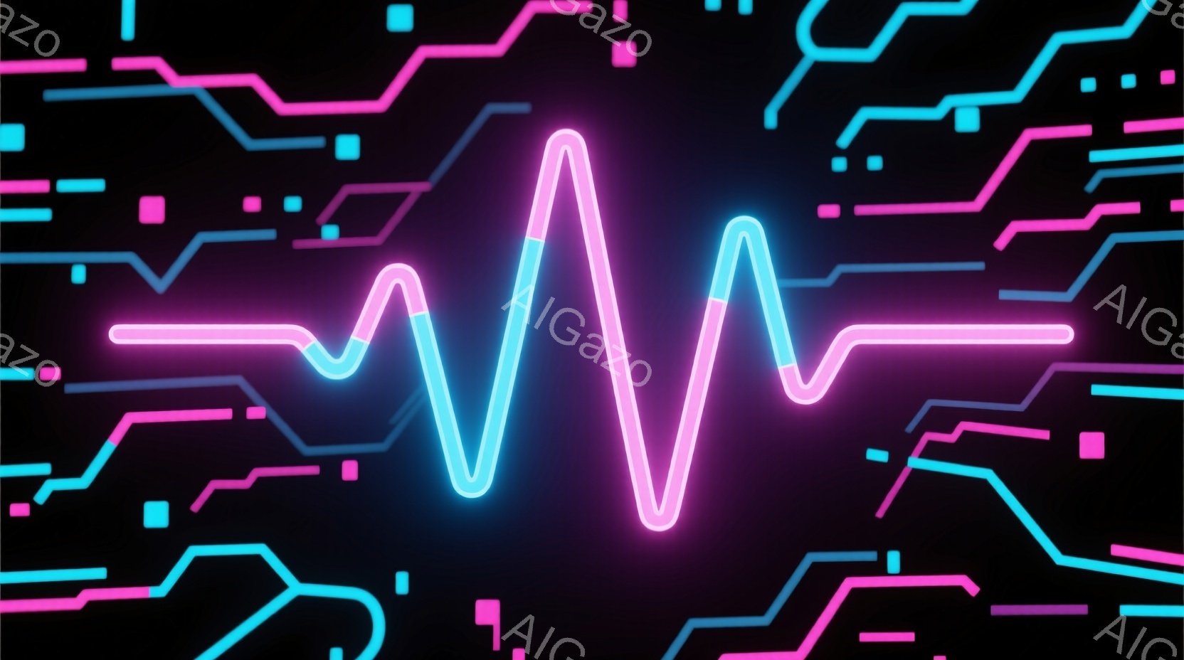 鮮やかなネオンピンクと青色の線が、暗い背景に複雑なネットワークを描いています。中央には、心電図のような波形がネオンピンクで強調され、エネルギッシュな印象を与えます。全体として、未来的なテクノロジーと生命の鼓動を連想させる、ダイナミックで視覚的に魅力的な構成です。