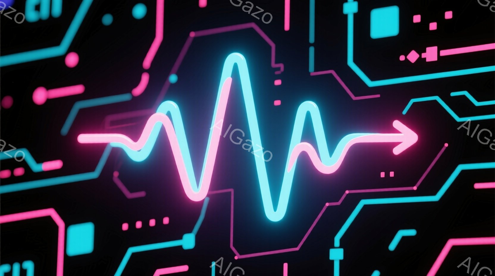 鮮やかなネオンピンクと青色の回路が黒色の背景に描かれている。中心には脈動するような波形が光り、エネルギーやテクノロジーを想起させるダイナミックな構成になっている。全体的に未来的な雰囲気が漂い、デジタル世界やバイオテクノロジーを連想させるビジュアルだ。