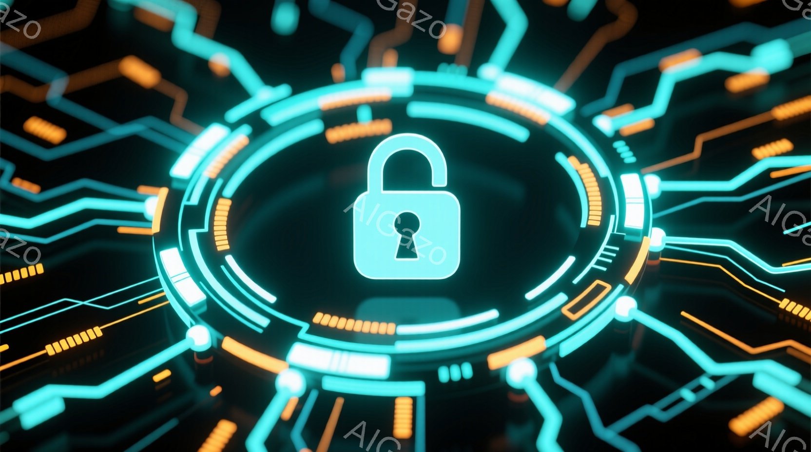鮮やかなネオンブルーとオレンジの光が流れる、未来的な抽象的なイメージです。中央には、セキュリティを象徴する鍵のアイコンが配置され、周囲を円形の光のラインが囲んでいます。全体的に、データセキュリティやサイバー空間を想起させる、ハイテクで洗練された雰囲気です。
