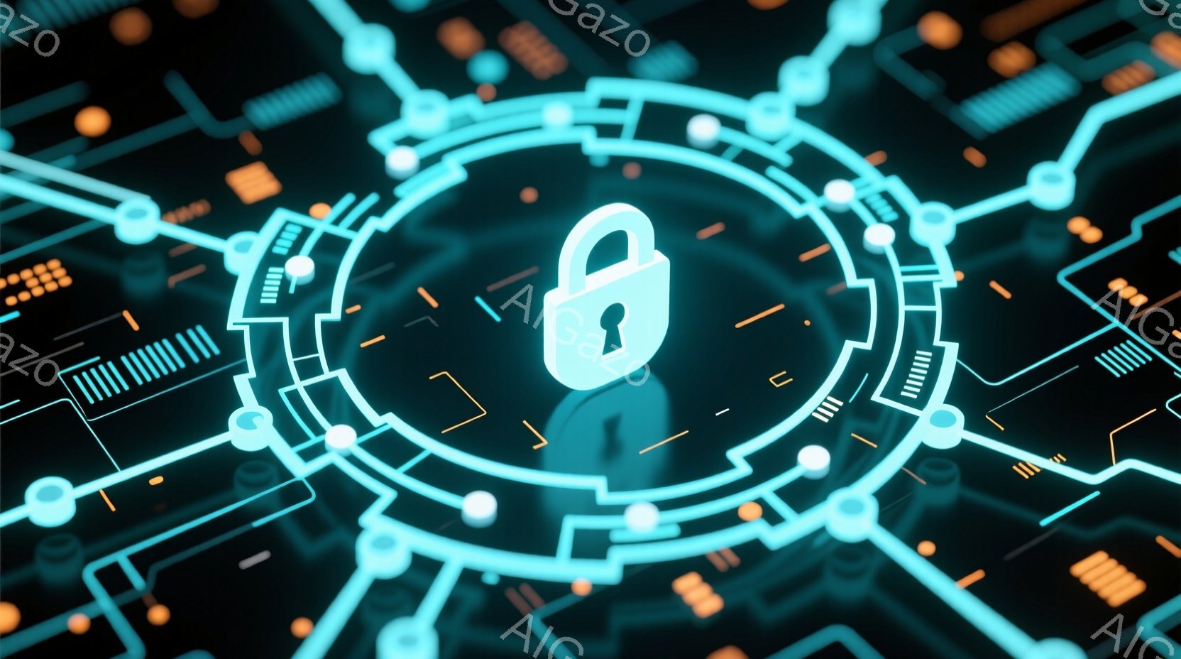 鮮やかなネオンブルーとオレンジ色の線が、暗い背景に複雑なネットワークを形成しています。中央には白く光る南京錠が配置され、セキュリティやデータ保護の概念を強調しています。全体的に、未来的なデジタル空間を - AI生成フリー素材