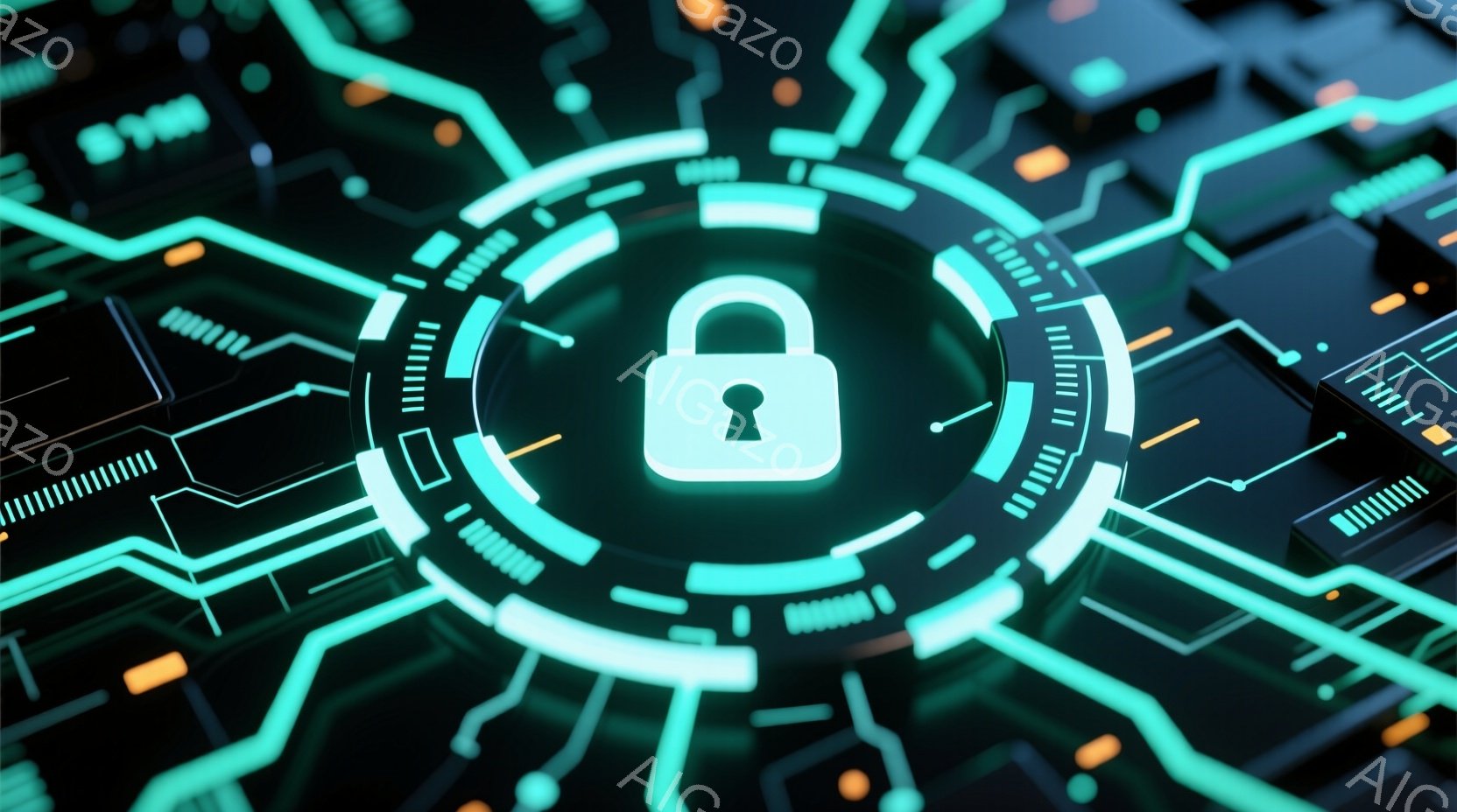 この画像は、サイバーセキュリティを象徴する南京錠が、緑色の電子回路パターンを背景に浮かび上がっています。回路はネオンのような光を放ち、未来的な印象を与え、セキュリティの重要性を強調しています。全体的に、デジタル空間における保護と安全性を表現した、クールで技術的な雰囲気です。