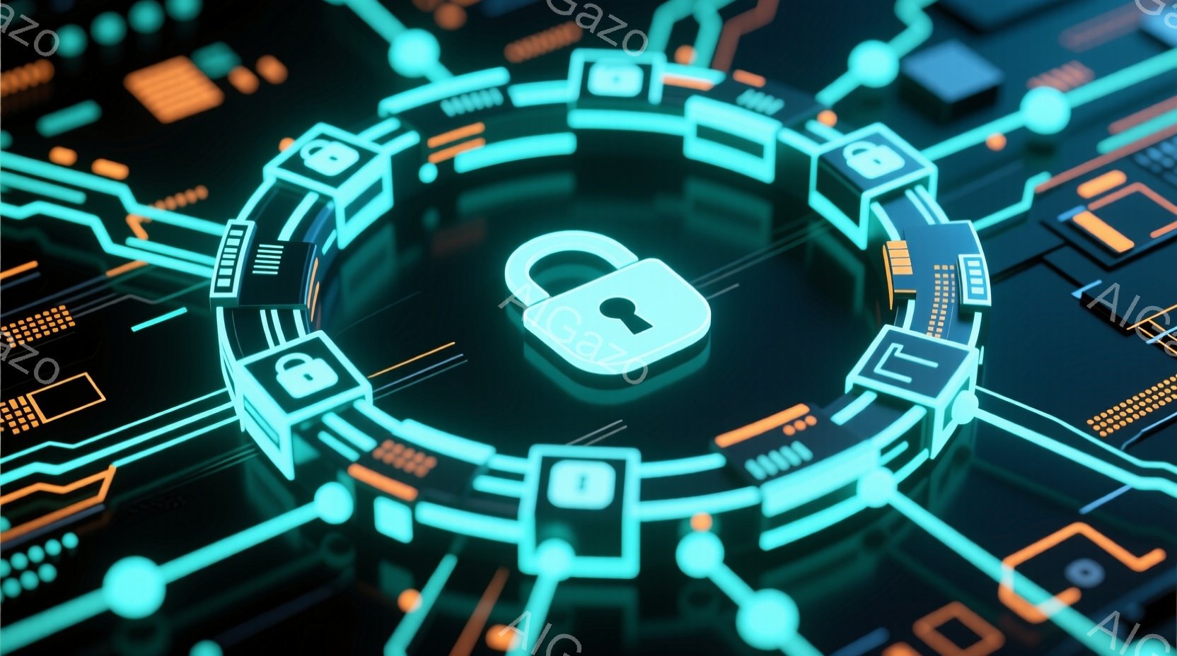 鮮やかなターコイズブルーとオレンジ色の回路が複雑に絡み合い、円形のフレームを形成しています。フレーム内には、鮮やかな光を放つ南京錠が中央に配置されており、セキュリティと保護の概念を強調しています。全体的に、未来的なテクノロジーとデジタルセキュリティを想起させる、洗練された抽象的なイメージです。