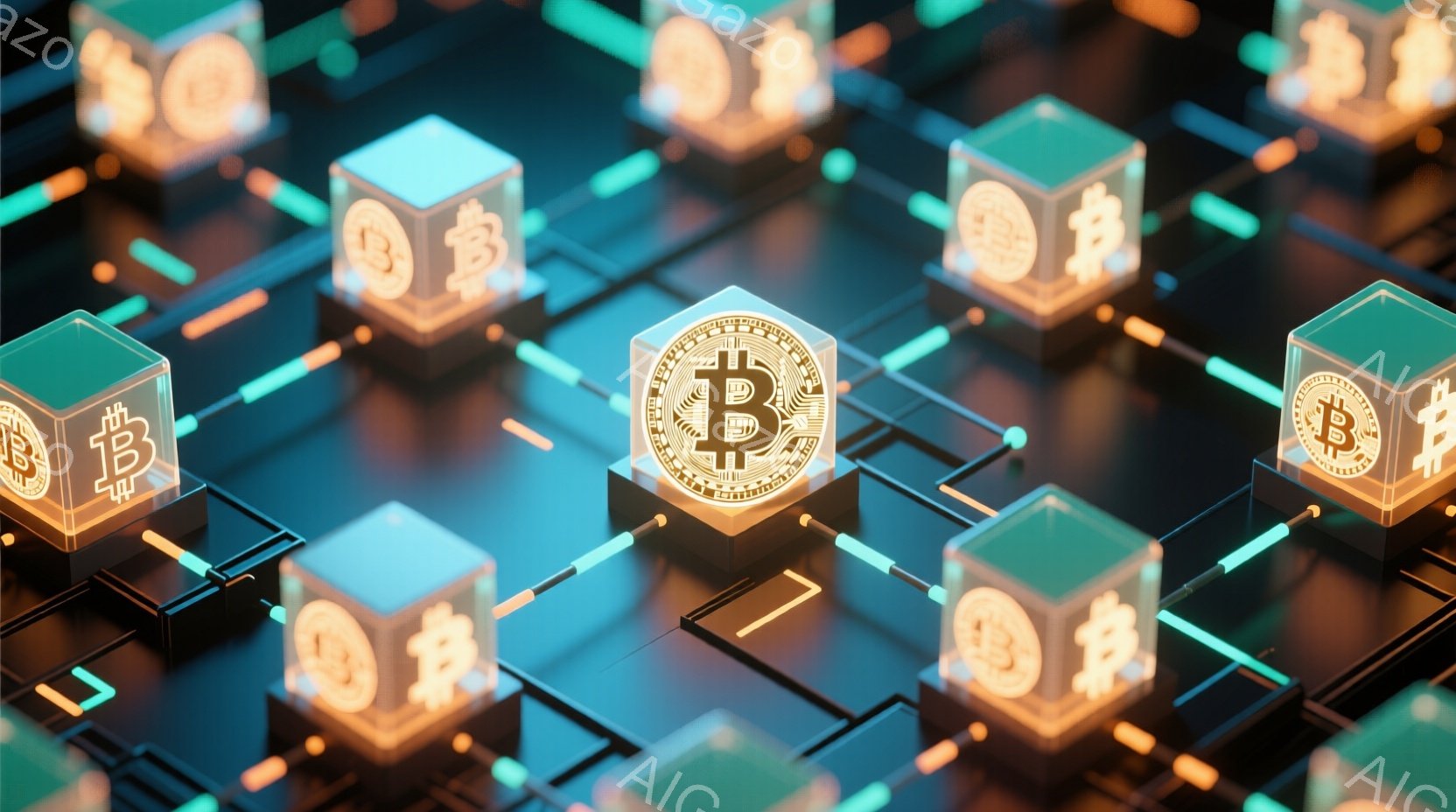 画像は、ビットコインのロゴが刻まれた立方体が、未来的な青色のグリッド状の背景に配置された様子を表しています。立方体は発光しており、グリッド線も明るく光り、全体的にサイバーパンク風の雰囲気です。ビットコインのロゴが強調されており、デジタル通貨やブロックチェーン技術を想起させるイメージです。