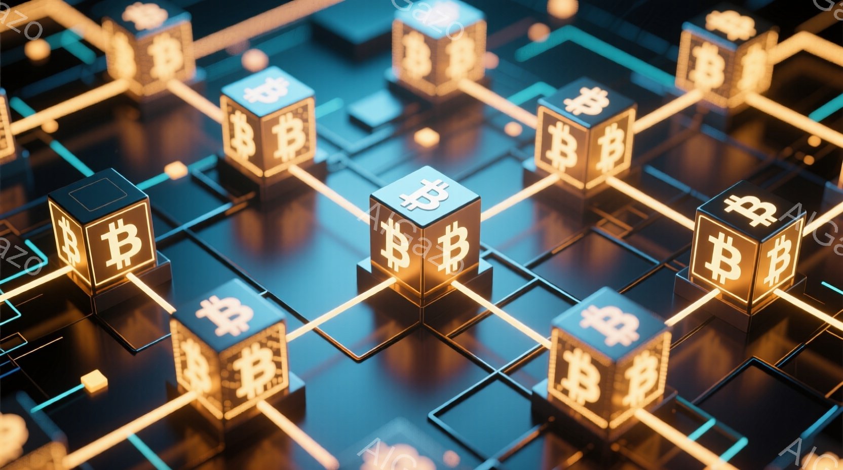 画像は、光沢のある濃い青色の基板の上に配置された、ビットコインのシンボルが刻印された黄金色の立方体のネットワークを示しています。これらの立方体は、複雑な回路のような、明るいオレンジ色の線で相互接続され - AI生成フリー素材