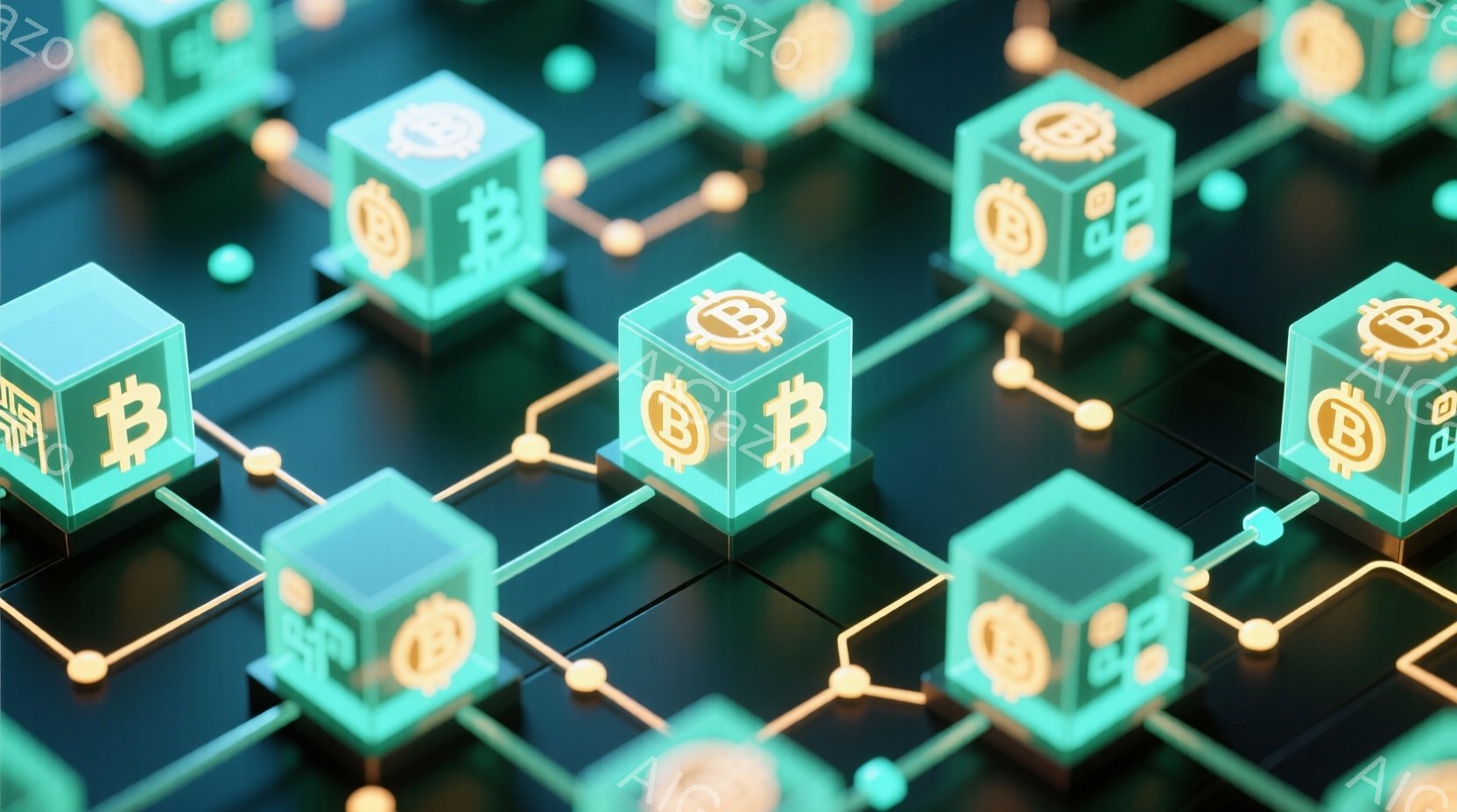 鮮やかな緑色のキューブが、暗い背景上に網の目のように配置されています。各キューブにはビットコインのロゴが描かれており、細い光る線で繋がれてネットワークを形成しています。全体的に、暗号通貨と技術的なつながりを視覚的に表現した抽象的なイメージです。