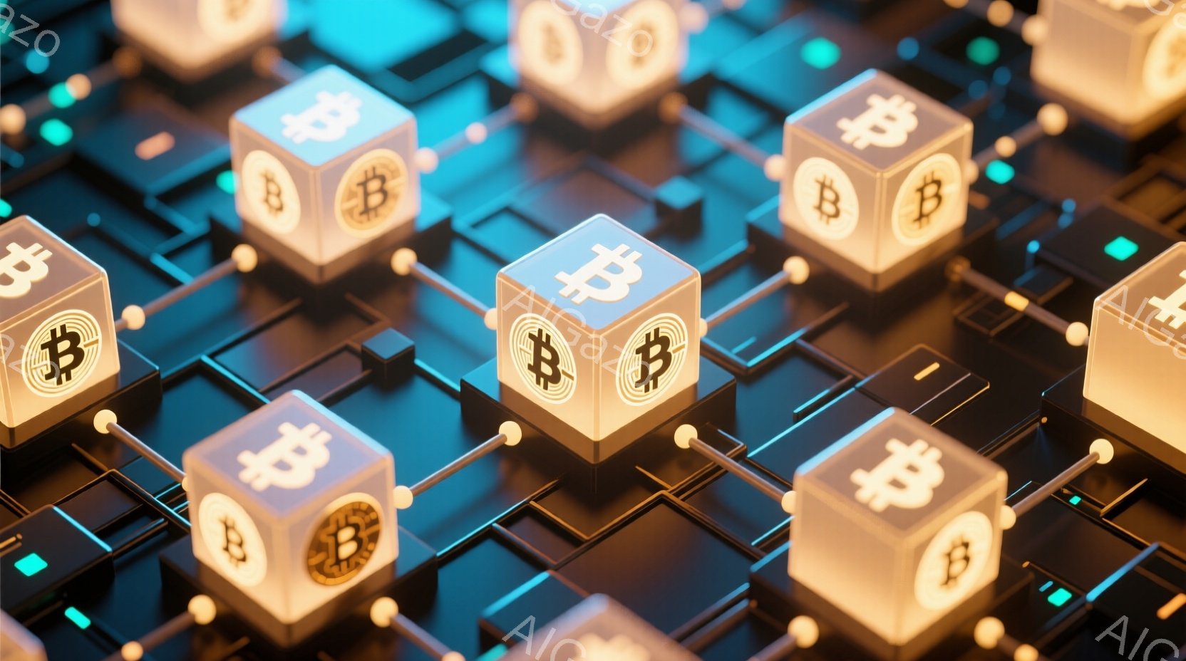 画像は、ビットコインのロゴが刻まれた光沢のある立方体が、複雑な回路基板のような背景の上に並べられた様子を捉えています。立方体は明るい光で照らされ、青色の基板とのコントラストが際立っています。全体的に、未来的なテクノロジーと暗号通貨の概念を表現する、鮮やかで洗練された雰囲気です。