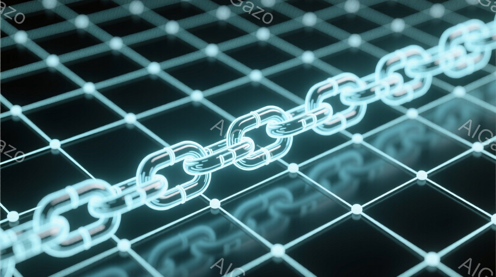 鮮やかな水色の鎖が、暗い背景の格子状のタイル上に配置されている。鎖は光沢があり、金属のような質感を持ち、背景とのコントラストが際立っている。全体的に未来的な雰囲気で、デジタルな質感と光の反射が特徴的である。