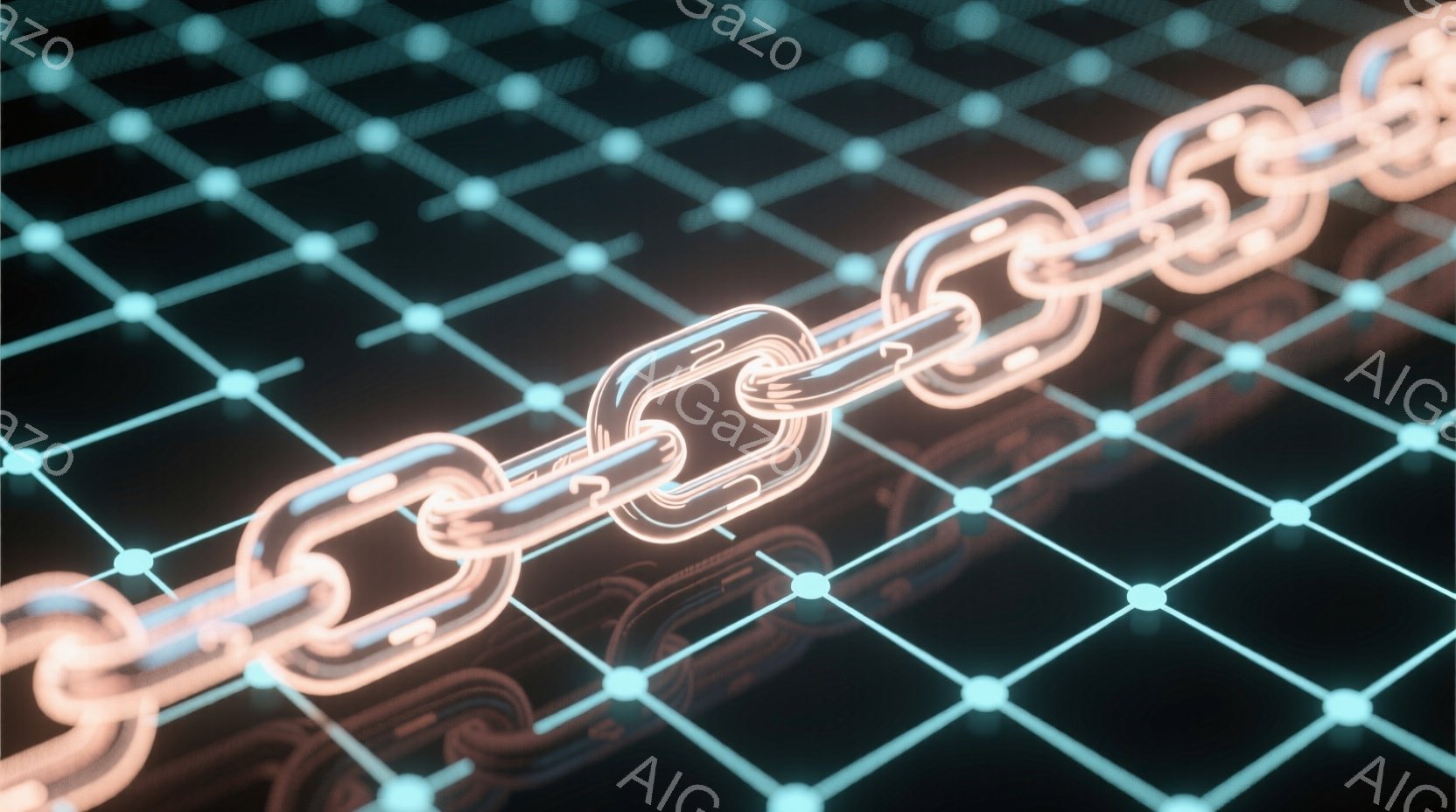 鮮やかなネオンオレンジ色のチェーンが、暗い背景のグリッド状の回路基板の上に斜めに配置されている。チェーンの各リンクは光沢があり、未来的な印象を与えるとともに、背景の青いグリッドとコントラストをなしている。全体的に、技術的な雰囲気があり、データや接続性を連想させる視覚的なイメージである。