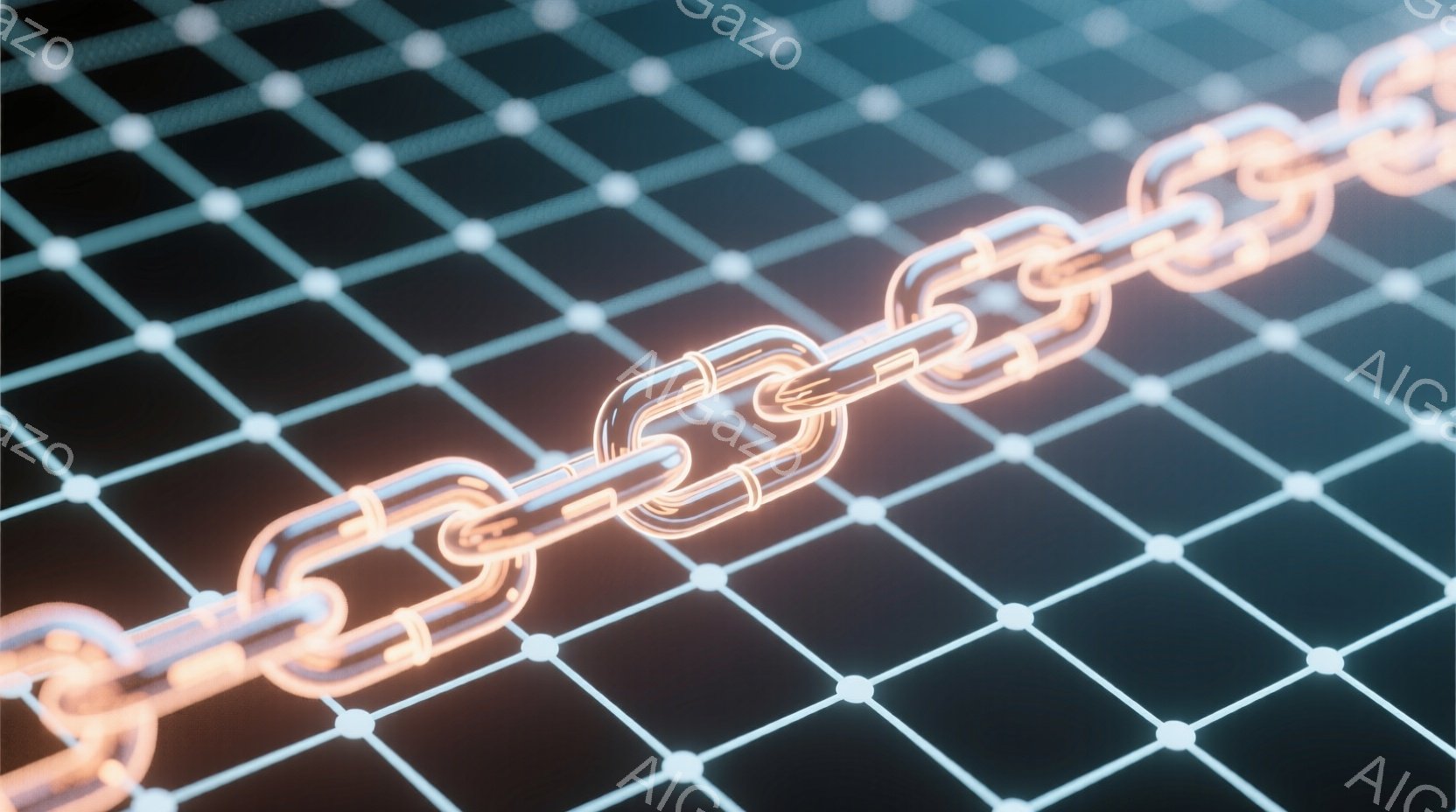 鮮やかなオレンジ色の光るチェーンが、暗い背景のグリッド状のパターン上に斜めに配置されています。チェーンは未来的な印象を与え、光の反射がその立体感を強調しています。グリッドは細かく、チェーンと対照的に静かで規則的な印象を与えます。