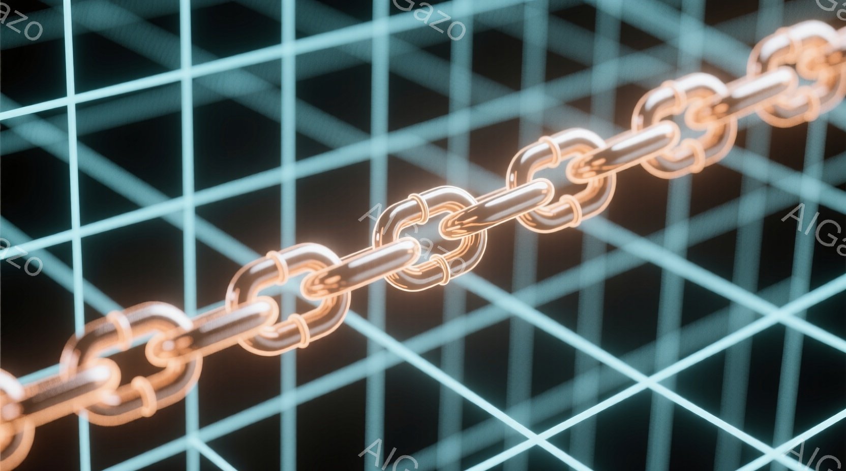 鮮やかなオレンジ色の金属チェーンが、淡い水色のグリッド状の背景に浮かび上がっています。チェーンは光沢があり、未来的な印象を与え、背景のグリッドは奥行きと抽象的な空間を作り出しています。全体的に、モダンでミニマルな雰囲気があり、テクノロジーや接続性を連想させます。