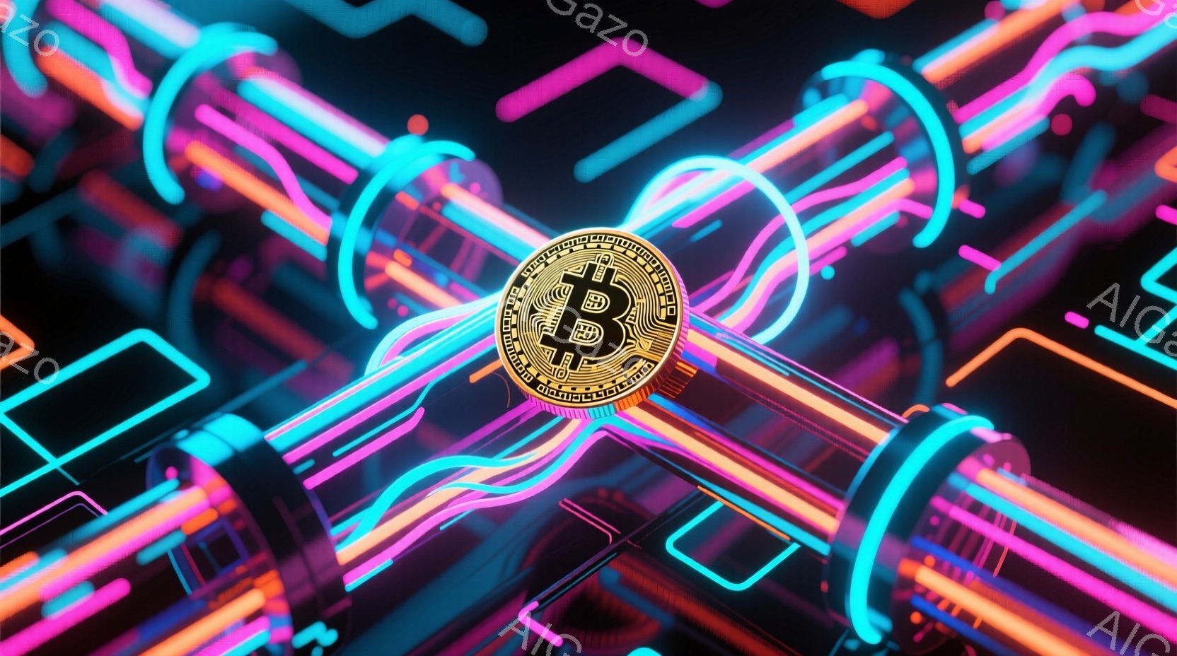 鮮やかなネオンカラーの光の線が複雑に絡み合い、未来的な回路のような背景を作り出しています。中心にはビットコインのロゴが配置されており、デジタル通貨とテクノロジーを象徴しています。全体的に、高揚感とエネルギーに満ちた、サイバーパンク的な雰囲気を醸し出しています。