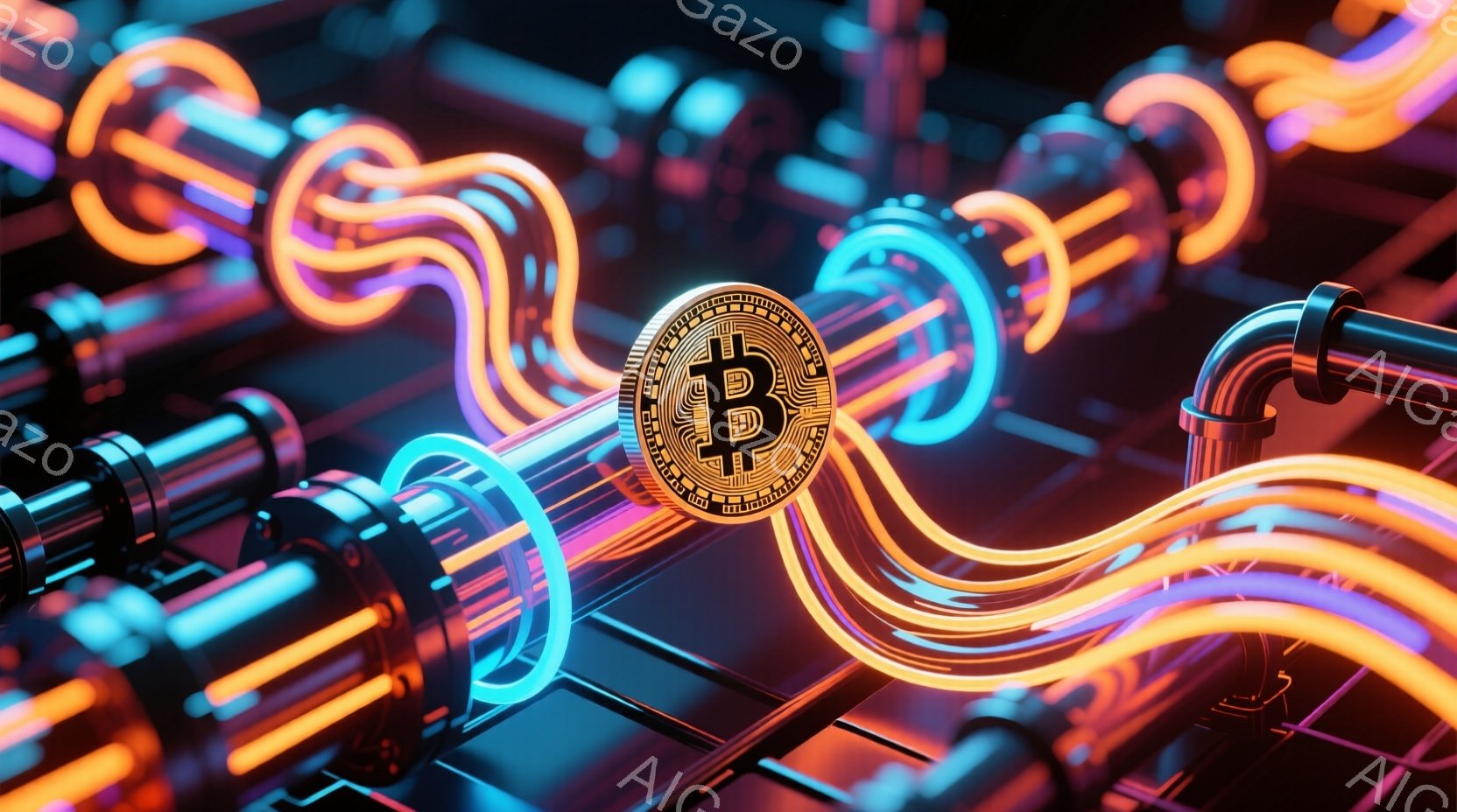 鮮やかなネオンライトで構成された複雑な配管システムが広がっており、その中心にビットコインのコインが配置されている。配管はオレンジ、青、ピンクの色調で光り輝き、未来的なテクノロジーと金融の融合を表現している。全体的に、暗い背景と鮮やかな光のコントラストが、近未来的な雰囲気を醸し出している。