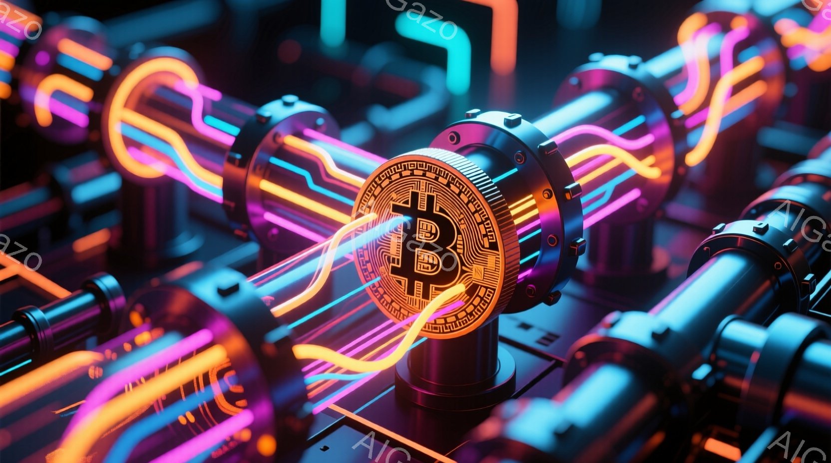 画像は、複雑な配管のような構造物が背景に広がり、中央にビットコインのシンボルが浮かび上がっています。鮮やかなネオンカラーの光が配管を流れ、未来的な雰囲気を醸し出しています。ビットコインのシンボルは、デジタル通貨の概念を象徴し、革新的な技術を連想させます。