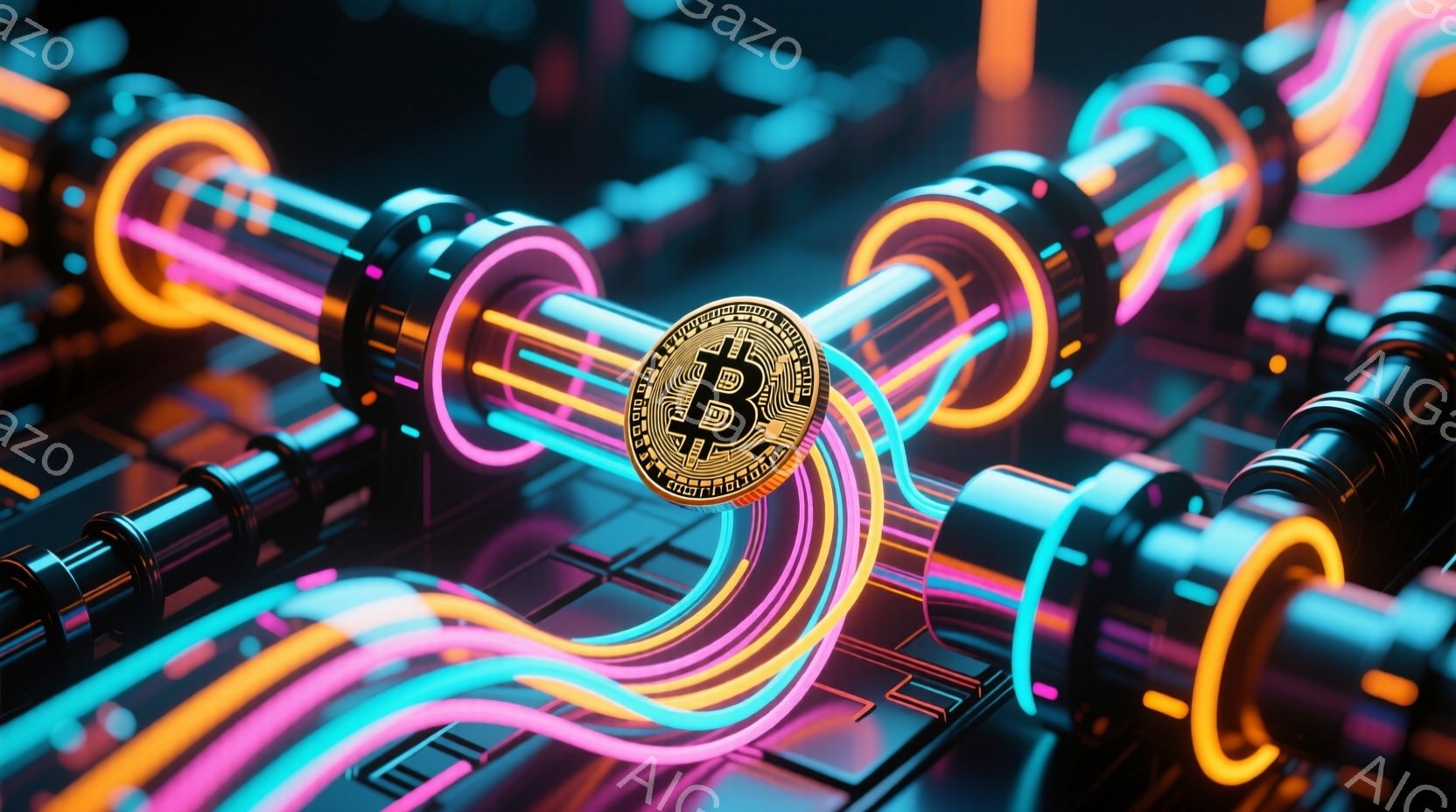 鮮やかなネオンカラーの光が複雑に絡み合い、未来的な回路のような構造を作り出しています。その中心にはビットコインのロゴが浮かび上がり、デジタル通貨とテクノロジーを象徴するイメージです。全体的に、サイバー - AI生成フリー素材