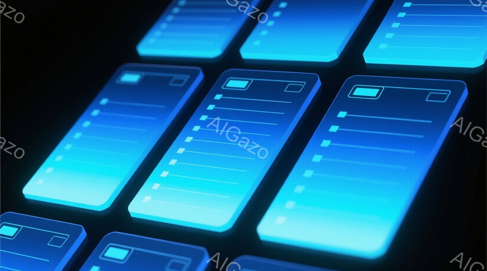 この画像は、青色の光を放つ長方形のパネルが多数並んだ様子を捉えています。パネルは少しずつ色が変化しており、上部は明るい水色、下部は濃い青色へとグラデーションがかかっています。背景は暗く、パネルの光が際立っており、近未来的なデジタルインターフェースやテクノロジーを想起させる雰囲気です。