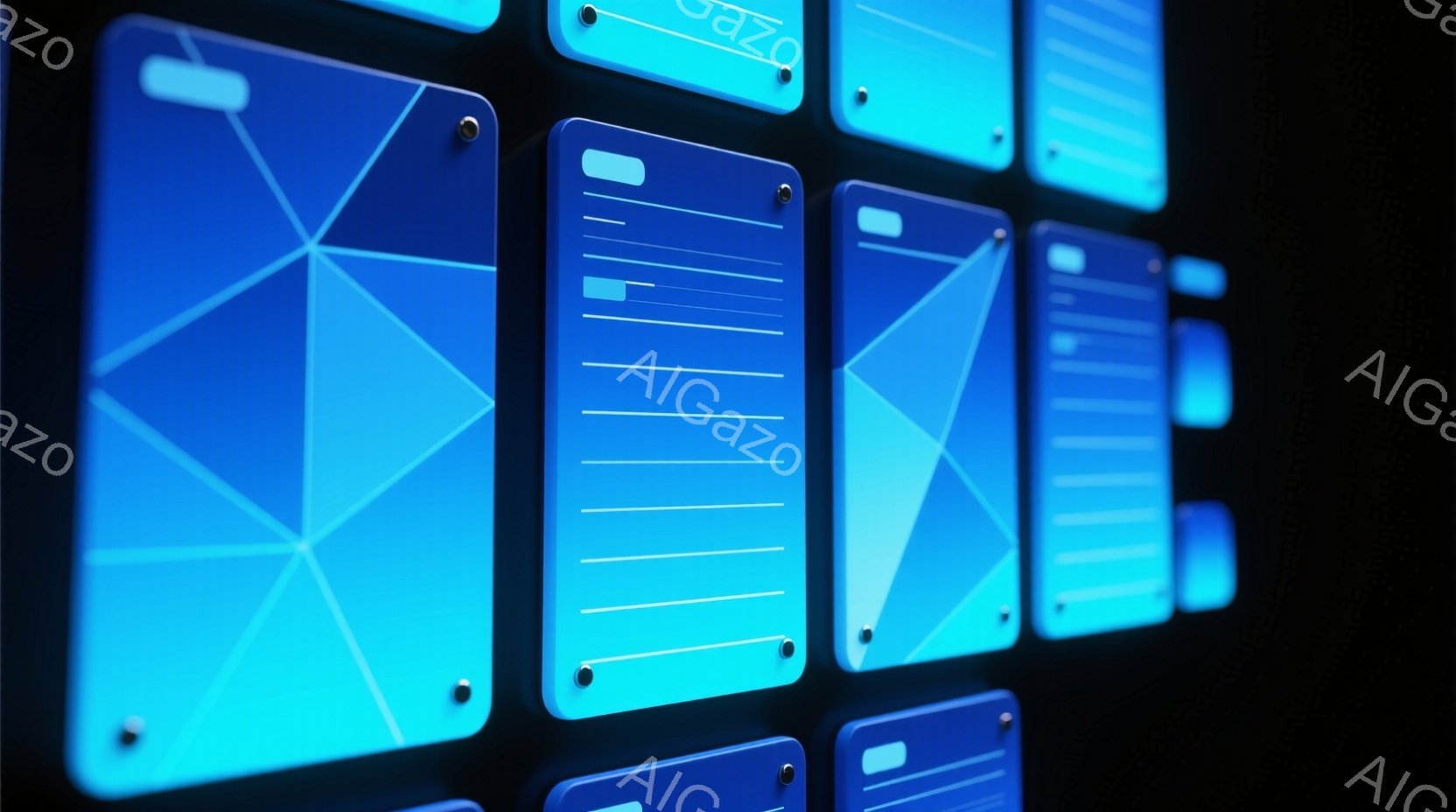 この画像は、様々なデザインのスマートフォンが並んだ様子を捉えています。鮮やかな水色の背景に、各スマートフォンには幾何学的な線やシンプルなアイコンが描かれた画面が表示されています。全体的に未来的な雰囲気で、テクノロジーとデザインの融合を感じさせます。