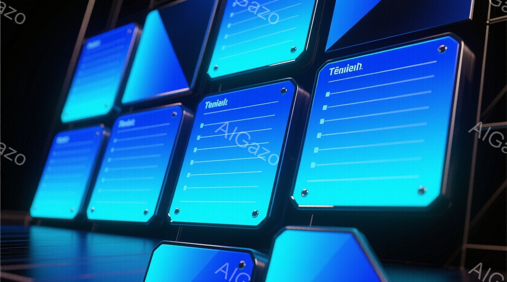 鮮やかな青色の発光するパネルが、規則的に並んで配置されています。各パネルは金属製のフレームで囲まれ、未来的なインターフェースや制御装置の一部を連想させます。全体として、クールでテクノロジー色の強い、サ - AI生成フリー素材