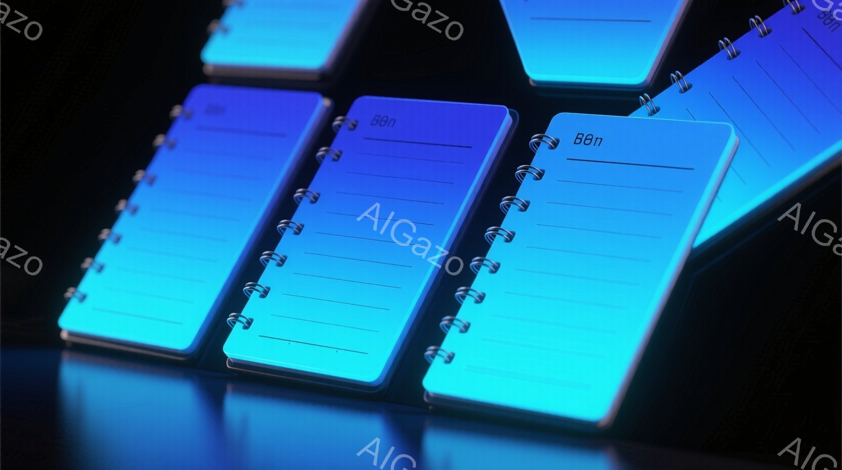 鮮やかな青色のリングノートが複数、互いに重なり合って配置されています。ノートは開いており、白紙のページが規則的に並んでいます。光沢のある反射面が、未来的でクールな雰囲気を醸し出しています。