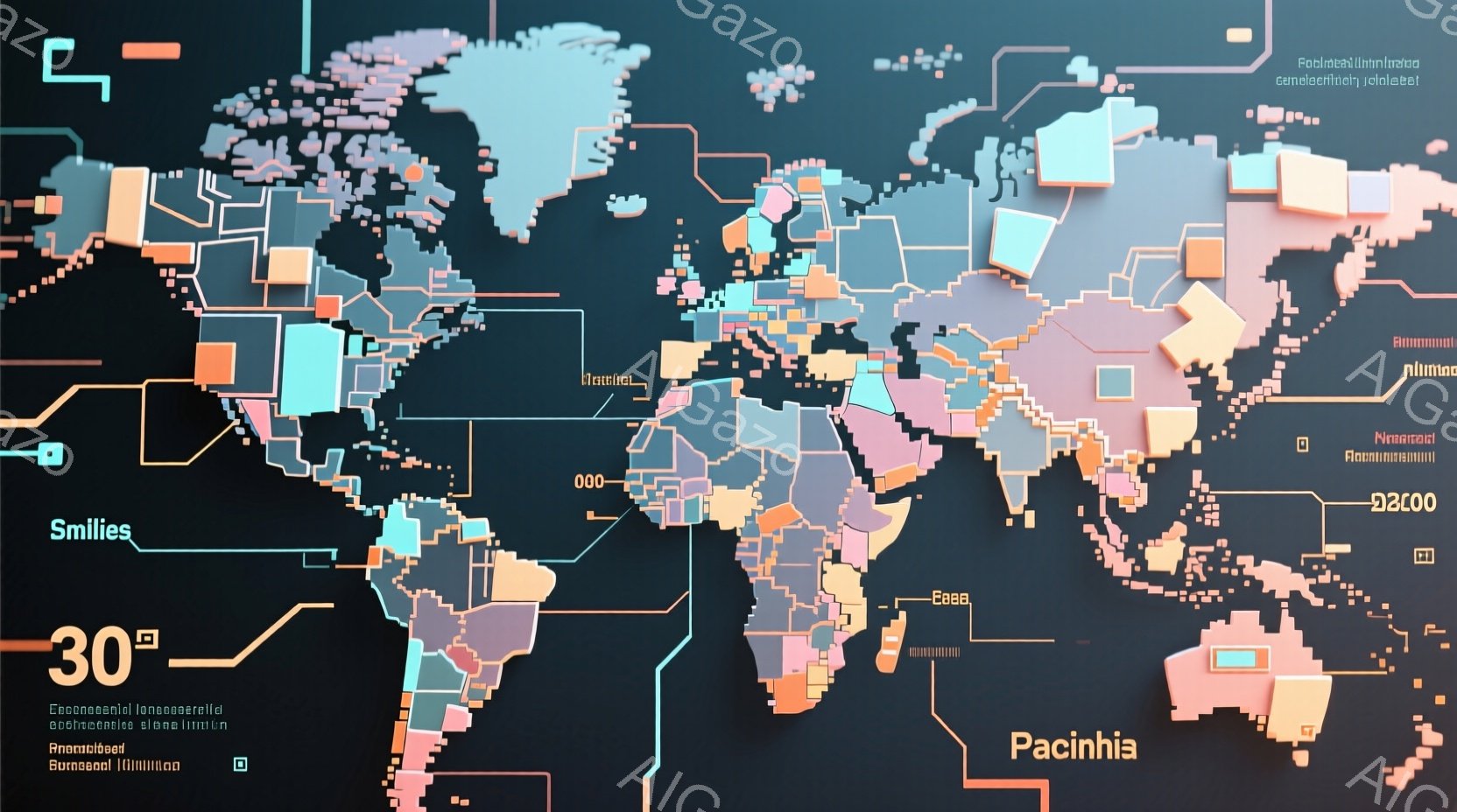 地図全体が、カラフルなブロックで構成された抽象的な世界として表現されています。各大陸は、ピンク、オレンジ、水色、緑などのパステルカラーの立方体で構成され、まるでレゴブロックで組み立てられた都市のようで - AI生成フリー素材