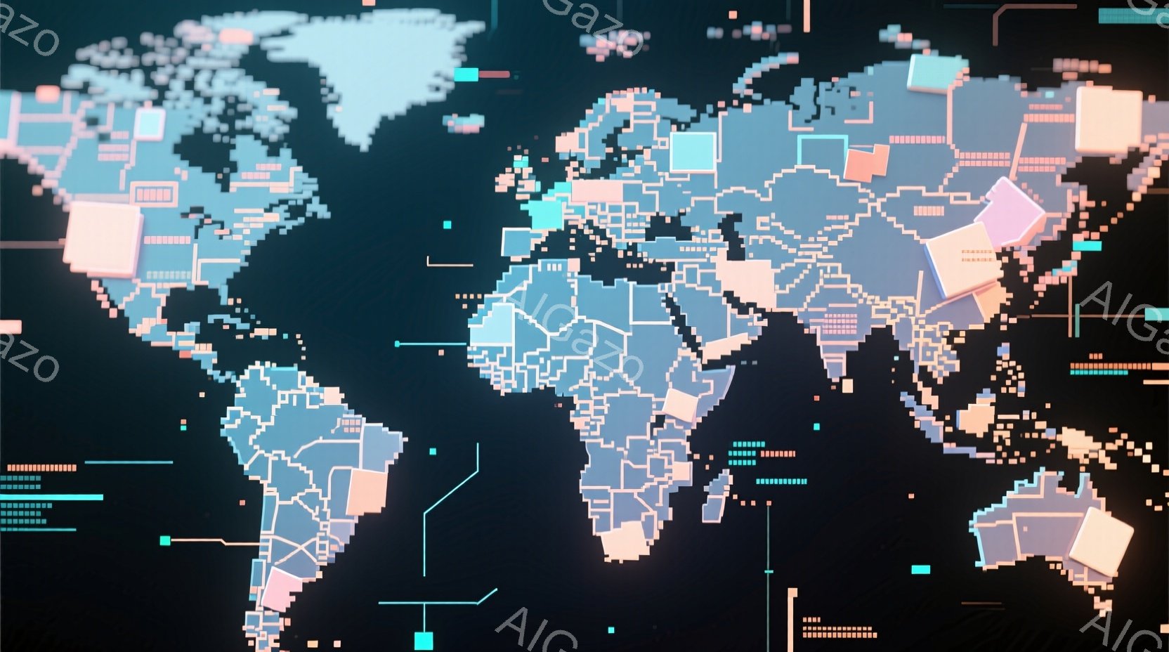 この画像は、ピクセル化された世界地図を背景に、明るいピンクと水色の色が使用されたデジタルアート作品です。大陸や国々は、鮮やかな色と簡素化された形で表現され、接続線や小さな四角形が地図全体に配置され、未 - AI生成フリー素材