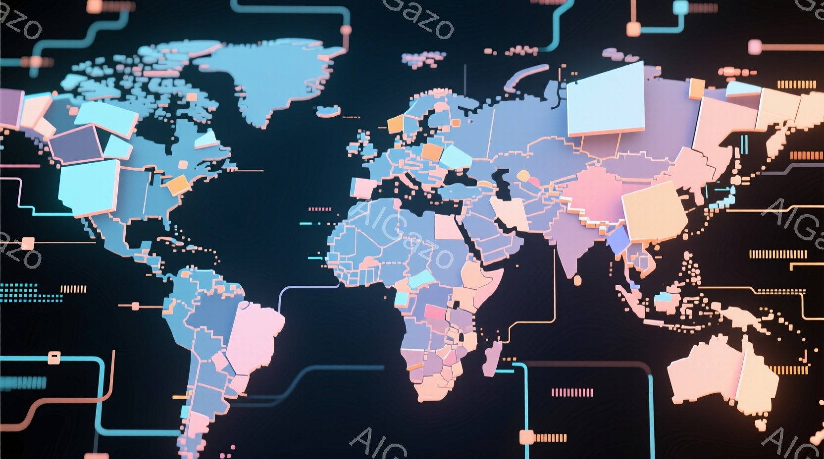 この画像は、淡いピンクや水色を基調とした、立体的な世界地図です。大陸や国々は、まるでパズルのピースのように区切られ、背景には細い白い線が回路のように描かれています。全体的に、テクノロジーとグローバルな - AI生成フリー素材