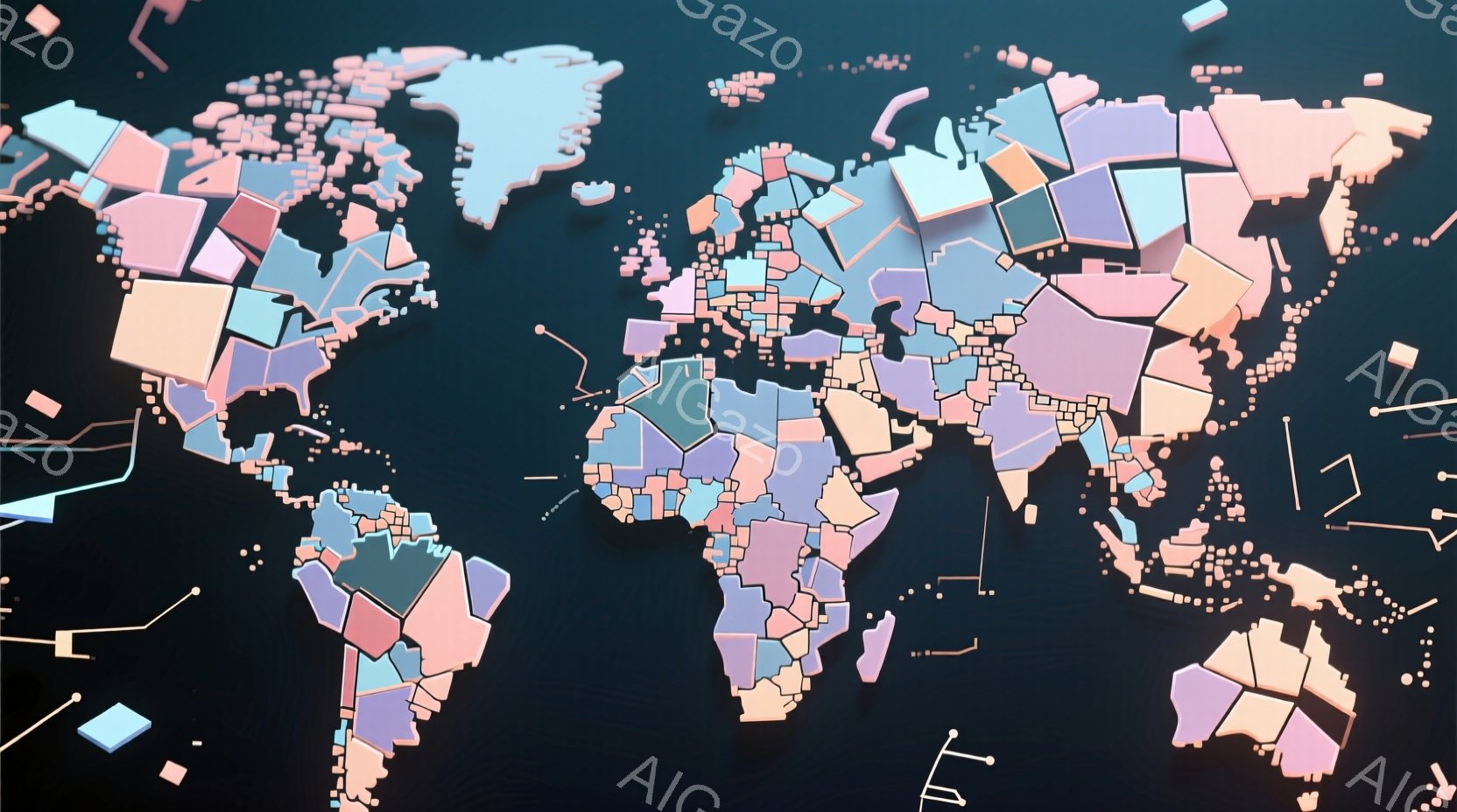 この画像は、パステルカラーの多角形で構成された世界地図を表現しています。大陸や国々は、まるで積み木のように角張った形状で区分されており、全体的に淡いピンク、水色、ベージュの色調で統一されています。背景は濃い青色で、いくつかの小さな立方体や線が点在し、まるでデジタルな空間に浮かぶ地図のようです。